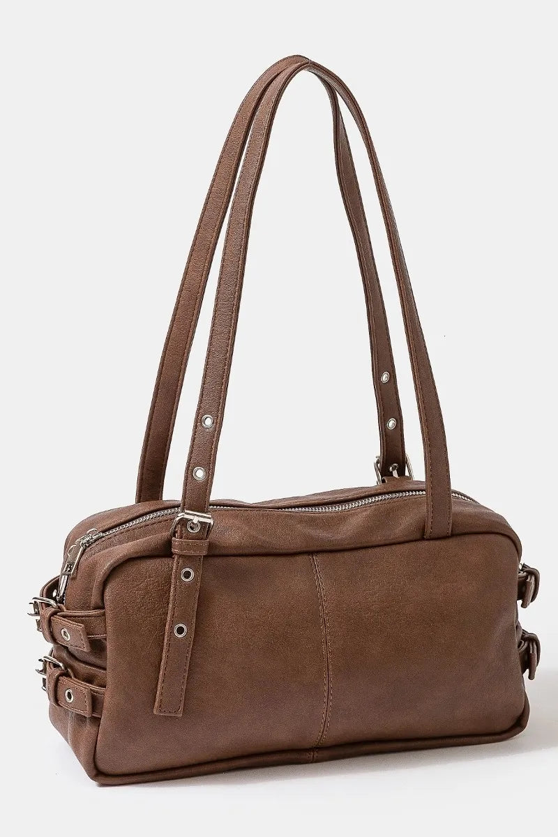 Fame Multi Grommet Belt Strap Rustic Rectangular Hand Bag