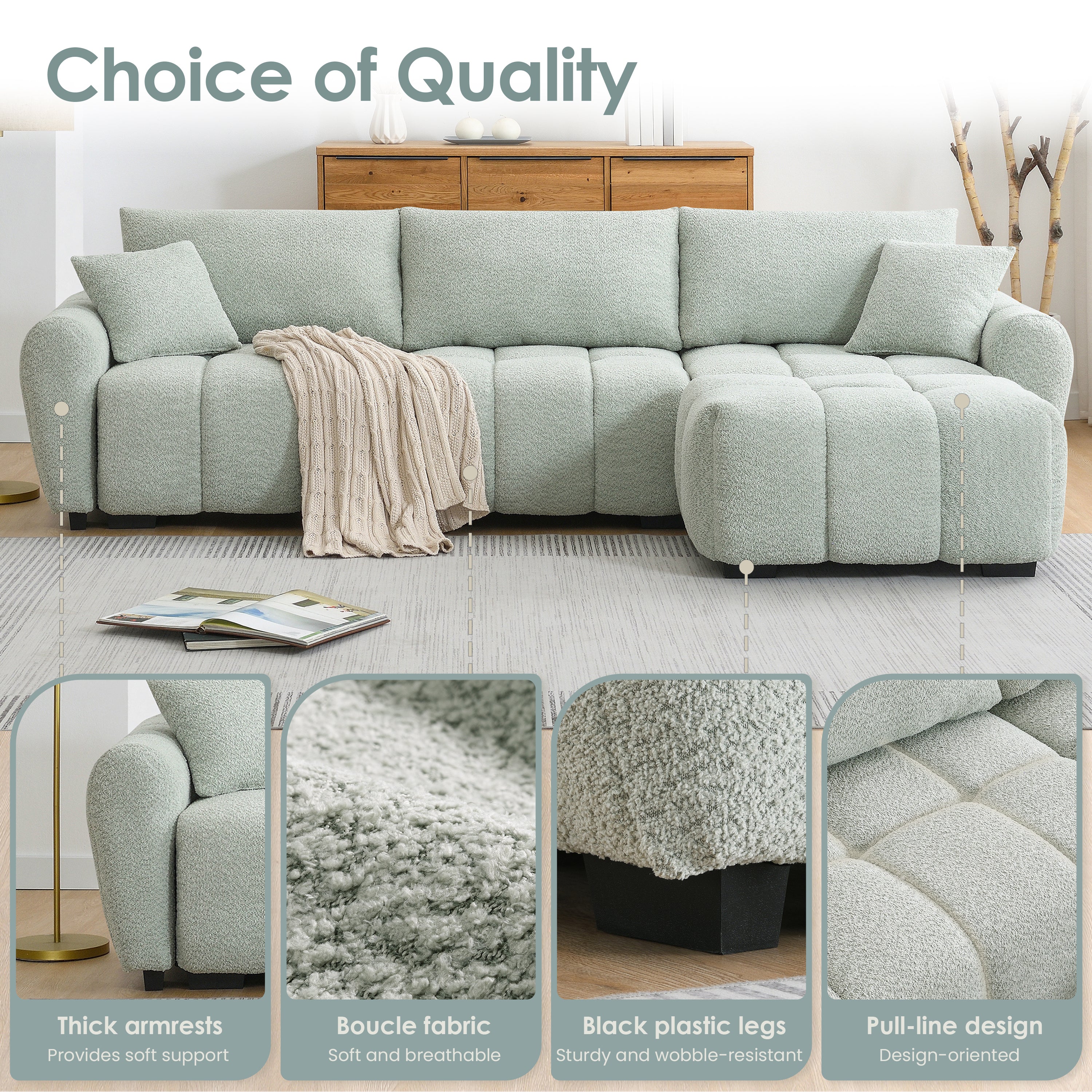 110' Modular Sectional Sofa, L Shape with Extra-large Seat, Pull-line Design, Movable Ottoman, High Density Foam, Free Combination, Sturdy Metal&Wood Frame, Boucle Fabric, 3 Colors