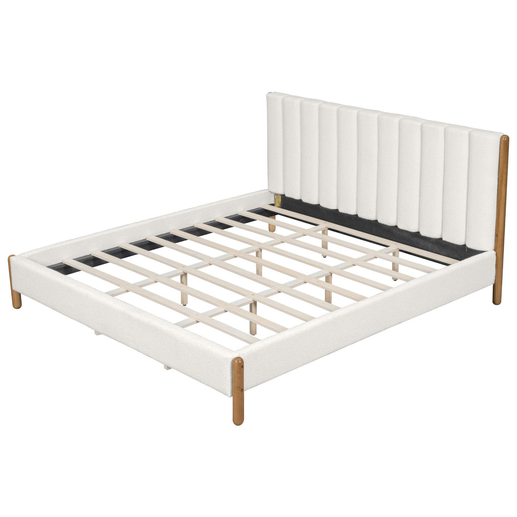 California King Size Bed Frame with Boucle Upholstered Thick Headboard, Solid Wooden Legs, White