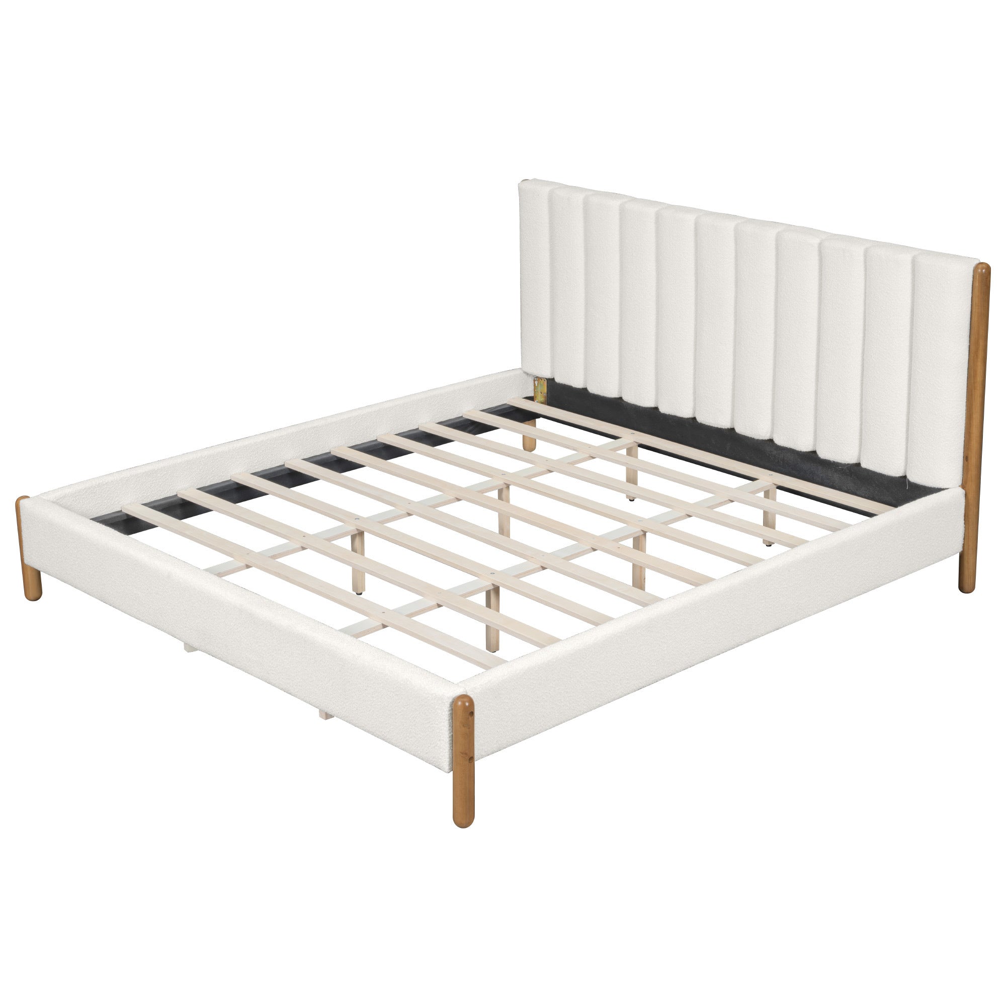 California King Size Bed Frame with Boucle Upholstered Thick Headboard, Solid Wooden Legs, White