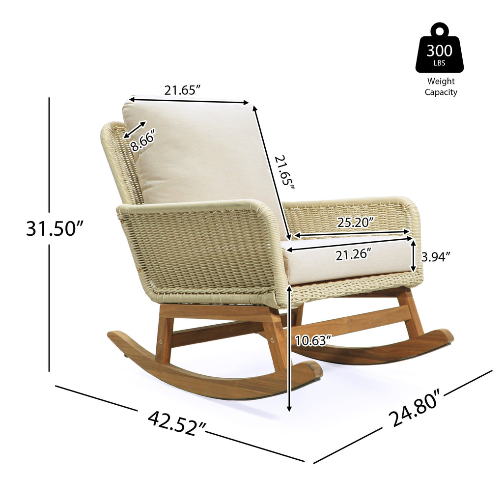 Modern 3-Piece Outdoor Seating Set with Ivory Cushioned PE Rattan Rocking Chairs and Wooden Accent Table, Perfect for Patio or Balcony Relaxation