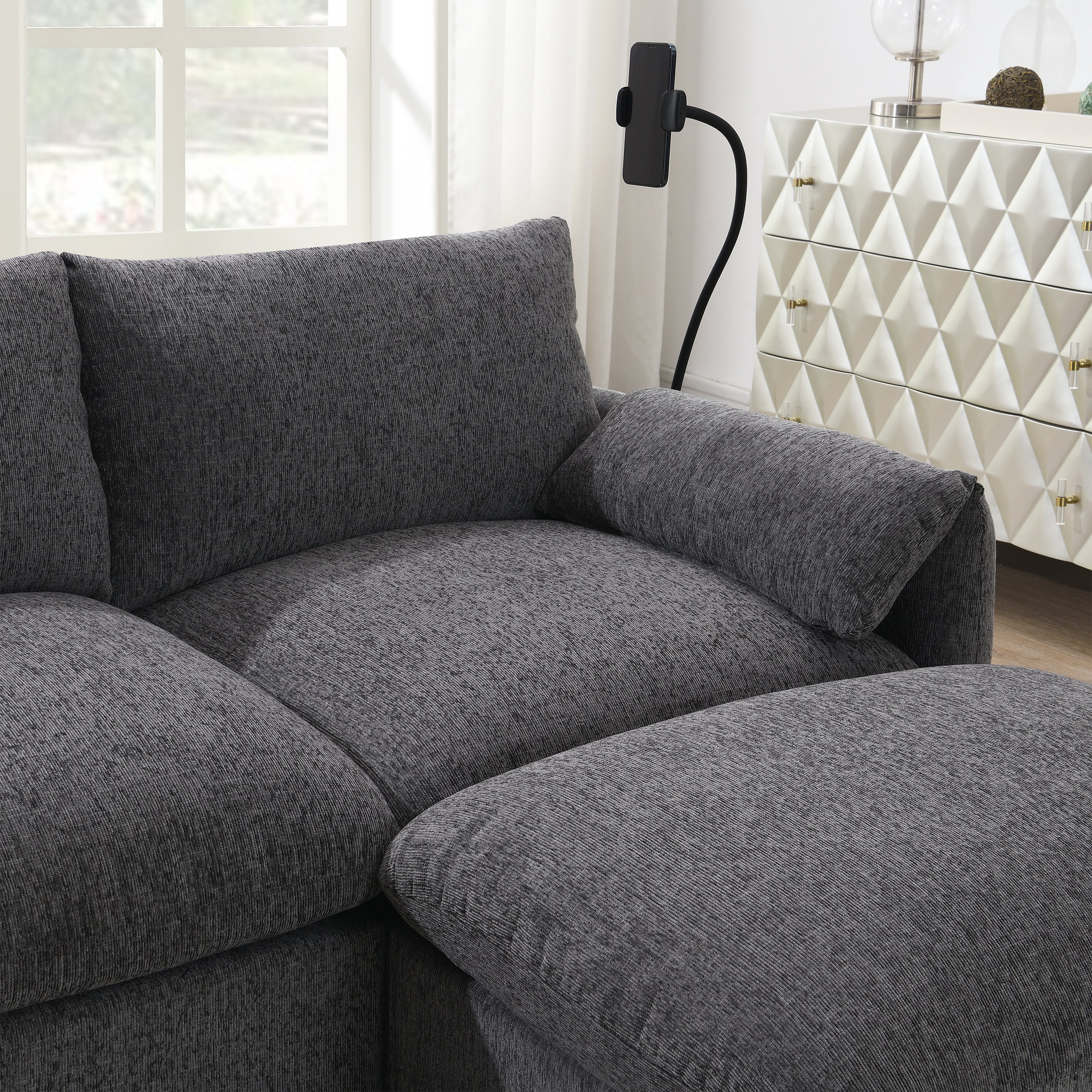 96.5'' Chenille Sectional Sofa with Storage Ottoman and Pockets,Adjustable Phone Holder,Wide Seat,4 Seat L Shaped Couch Set,Comfy Sofa with USB Charger for Living Room,Apartment,3 Colors