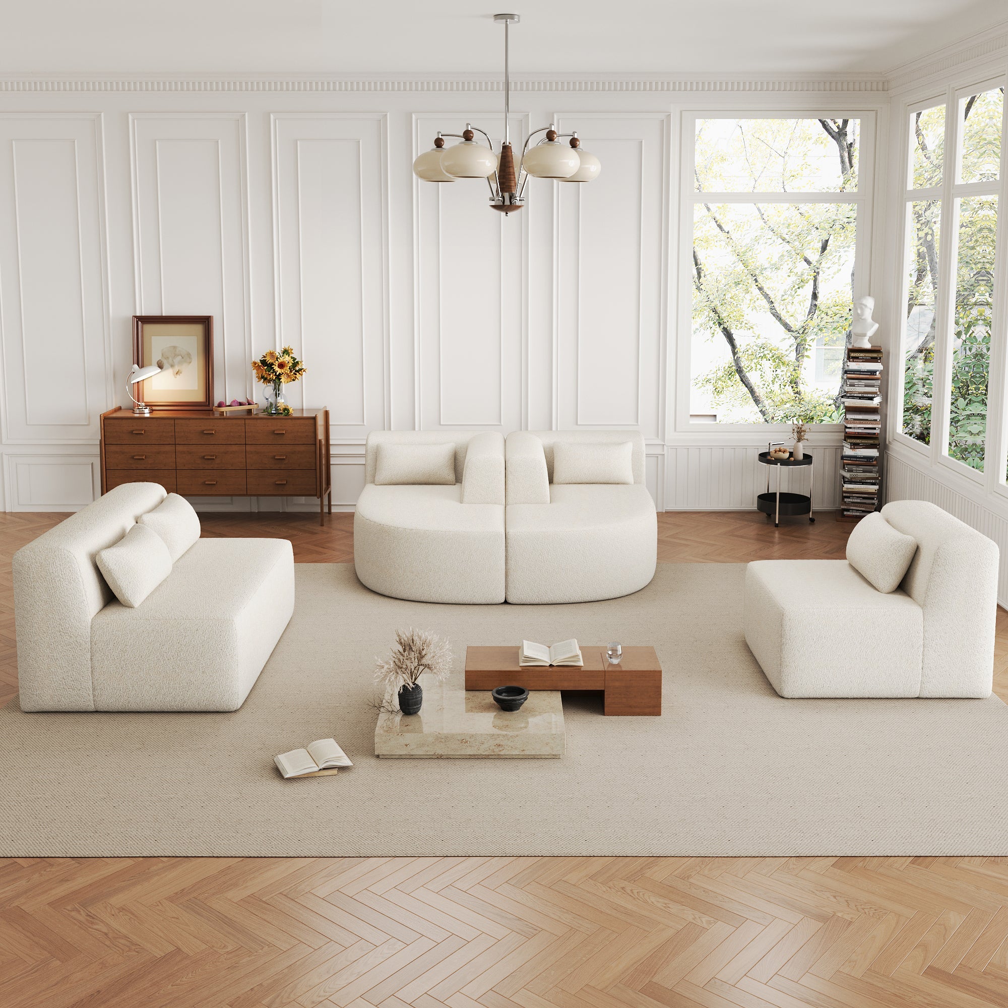 144' Upholstered Sofa Free-combined Sofa Couch with Two Chaise Lounge and Five Back Pillows for Living Room(Old SKU: N719S001600A), Beige