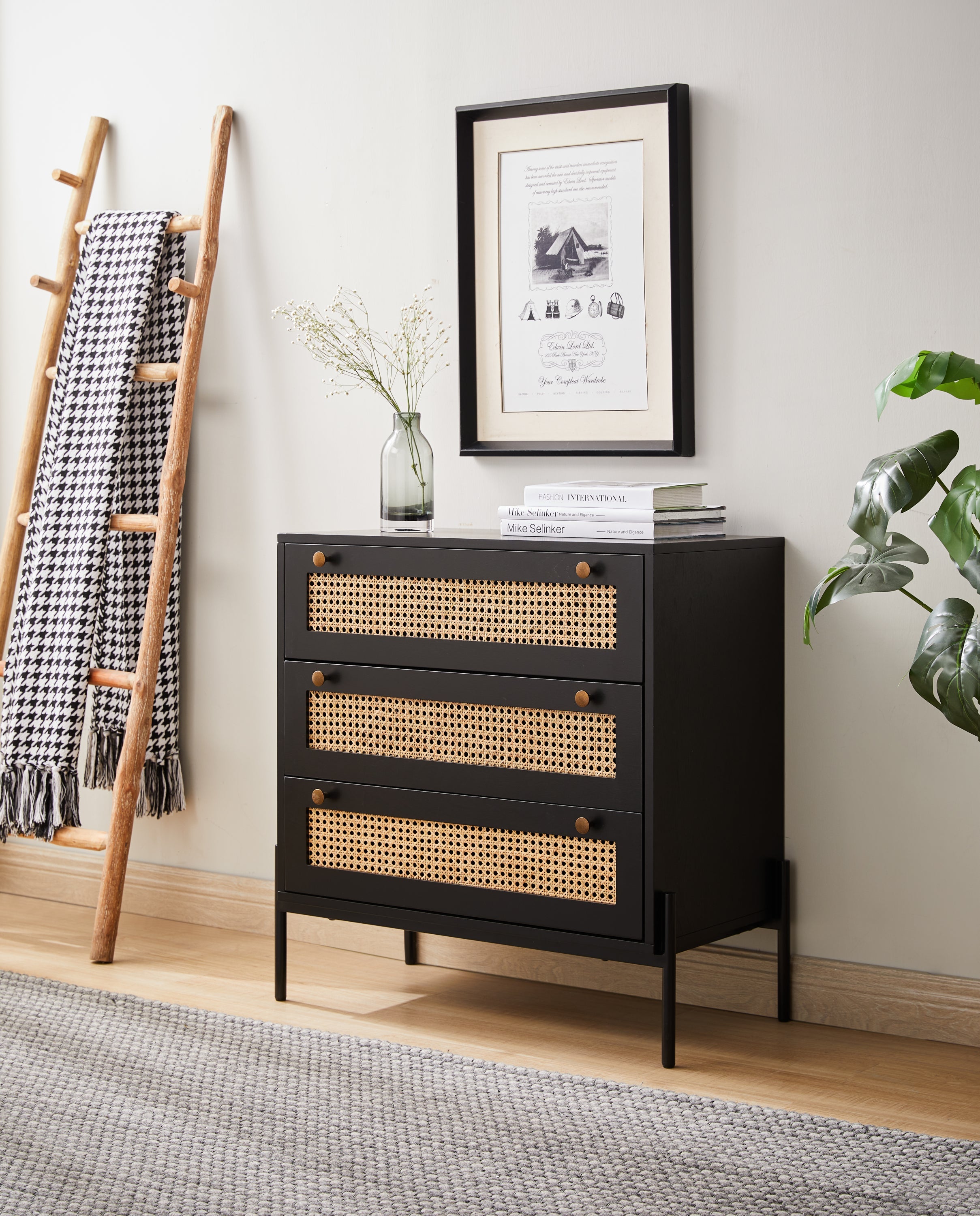 Rattan Storage Cabinet with 3 Large Drawers, Boho Mid-Century Wooden Nightstand Drawer Dresser, Sideboard Buffet Cabinet with Storage for Living Room Dining Room Hallway Bedroom, 30×15.8×30 Inches