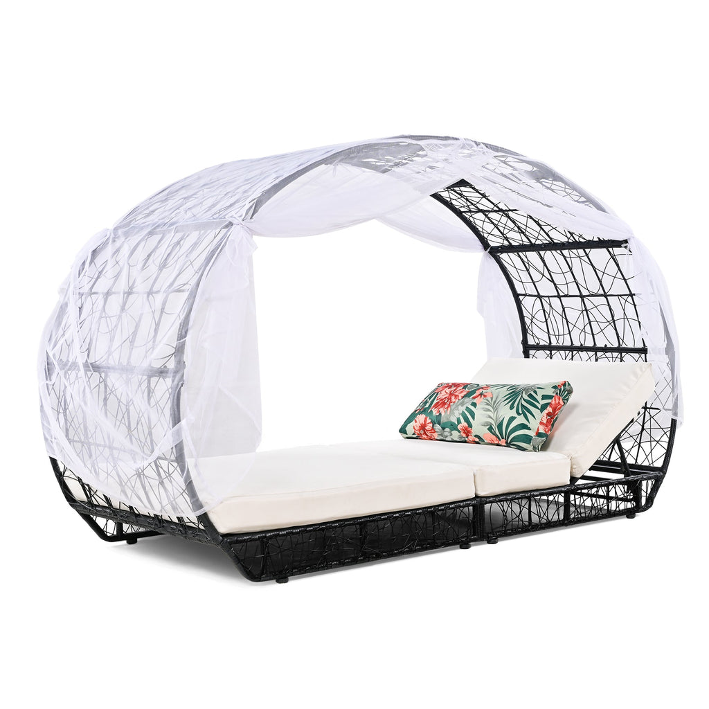 GO 90.55' Outdoor Patio Daybed with Curtain, Sunbed with Cushion and Colorful Pillow, Wicker Lounge Chairs Backrest Adjustable Recliners for Pool Garden Backyard, Beige Cushion, Black Wicker