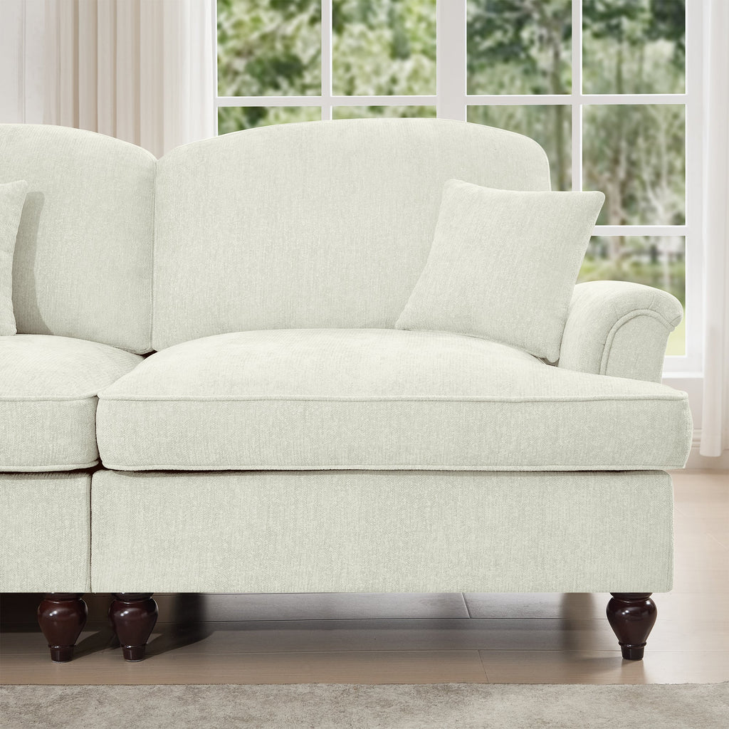 Elegant Mid Century Large 4 Seater Sofa Couch with Flared Arms and Removable Ruffles Pleats Skirts and Spindle Legs, Comfy Chenille Four-Seat Sofa for Living Room, Beige White