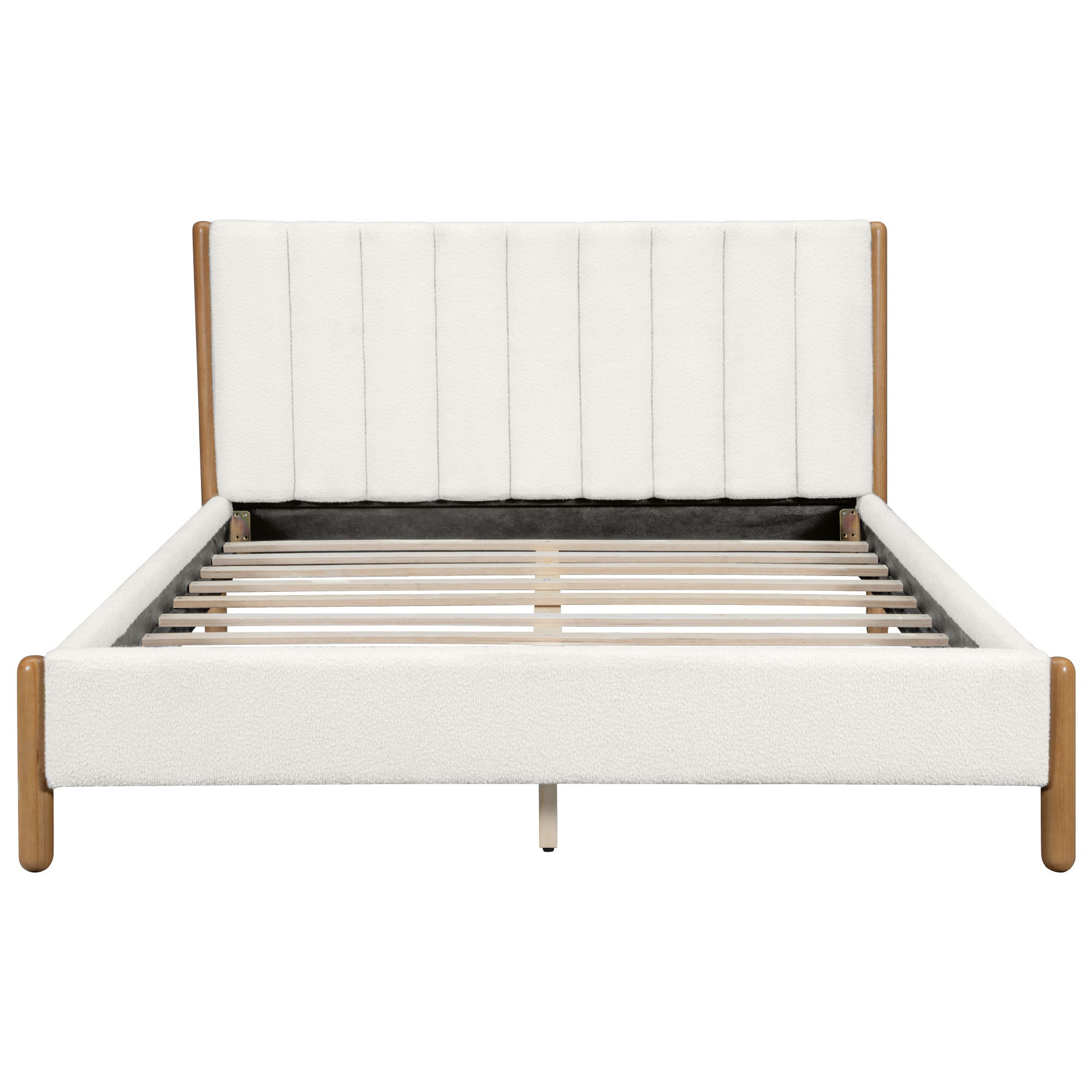 Queen Size Bed Frame with Boucle Upholstered Thick Headboard, Solid Wooden Legs, White
