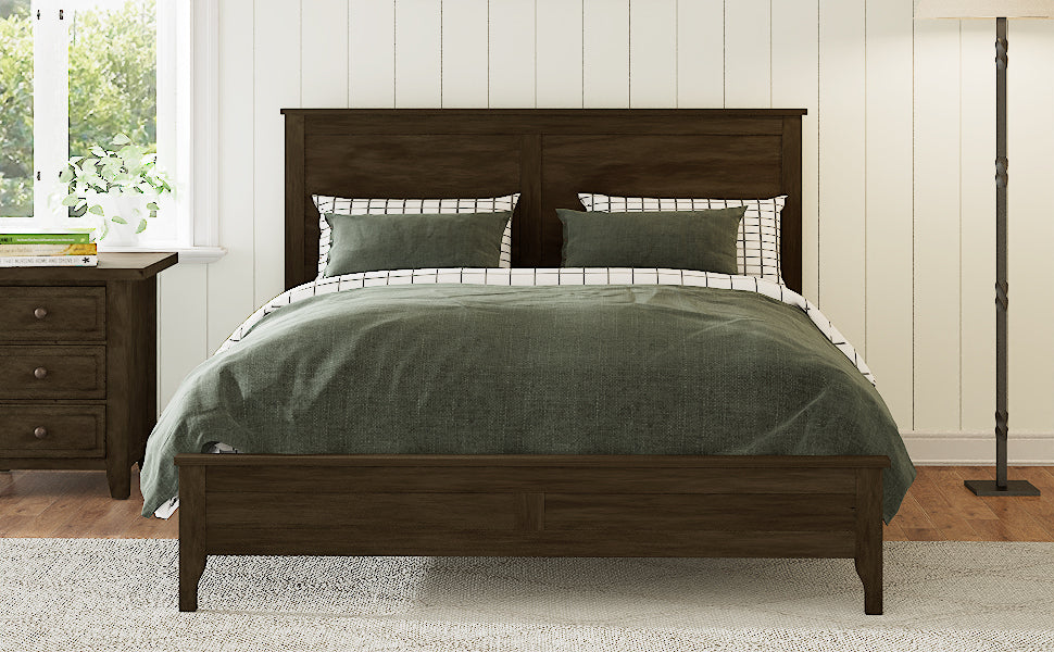 Modern Espresso Solid Wood Full Size Platform Bed with Sturdy Wooden Slats Support