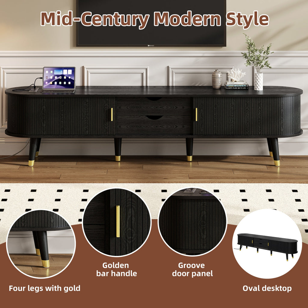 Wooden Farmhouse TV Stand & Coffee Table Set with Charging Station, Oval Fluted Media Console with Sliding Doors for TVs up to 80', Mid-Century Center Table with Solid Wood Legs for Living Room,Black