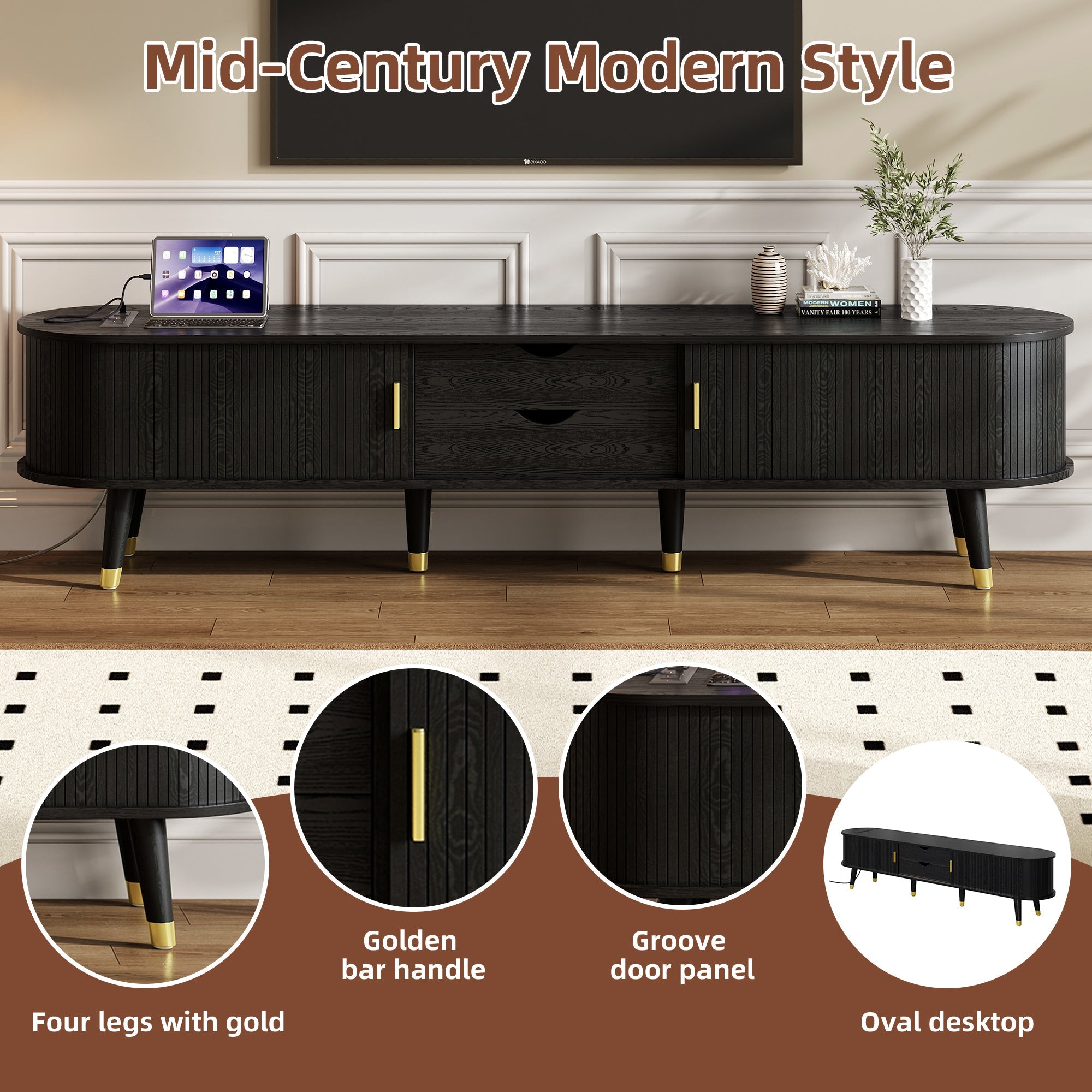 Wooden Oval Fluted TV Stand with Charging Station for TV up to 80', Mid-Century Media Console with Sliding Tambour Door, Farmhouse TV Cabinet with Golden Handle for Living Room, Black