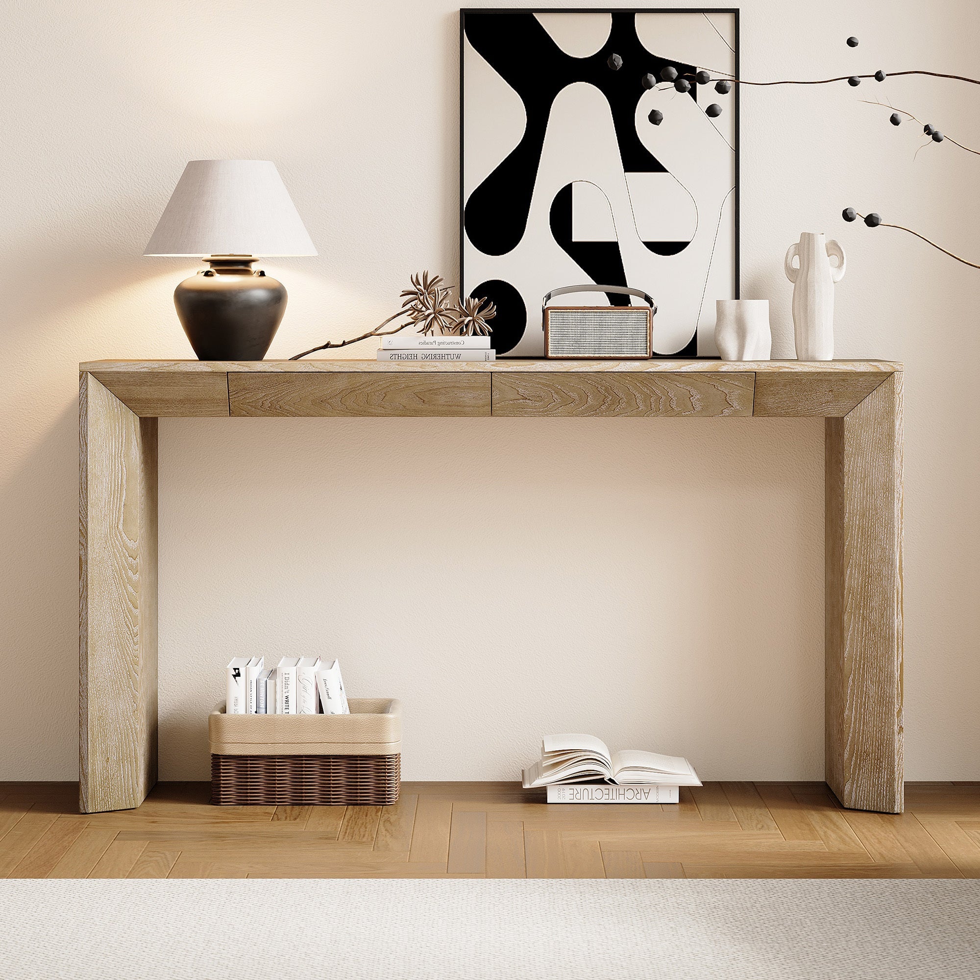 TREXM 60' Modern Farmhouse Console Table with 2 Concealed Drawers, Waterfall Design Entryway Table with Thickened Legs & Rustic Wood Grain for Living Room, Entryway & Hallway (Natural)