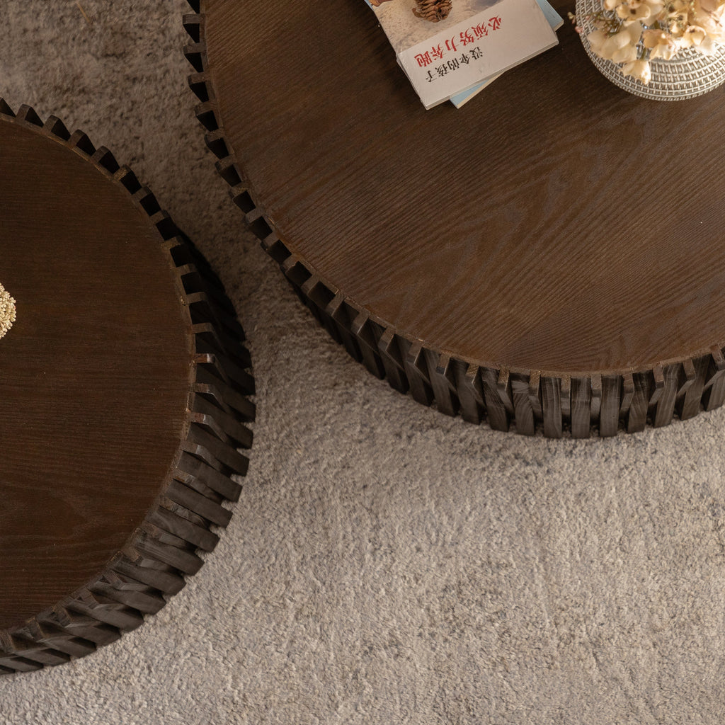 Vintage Fashion Style Cylindrical Nesting Coffee Table Set with Vertical Textured Embossed Design for Living Room, Office and Dining Room, Dark Brown (Set of 2)