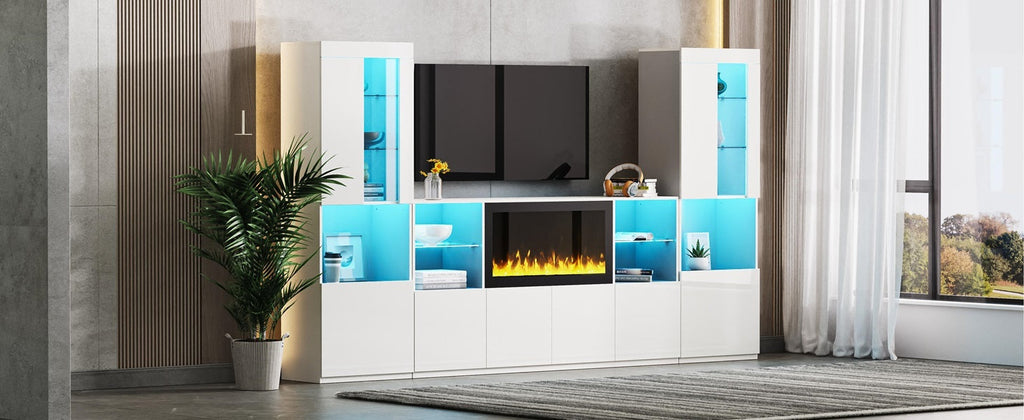 ON-TREND Modern TV Stand with 34.2' Non-heating Electric Fireplace, High Gloss Entertainment Center with LED Lights, Media Console with Tempered Glass Shelves for TVs up to 75', White