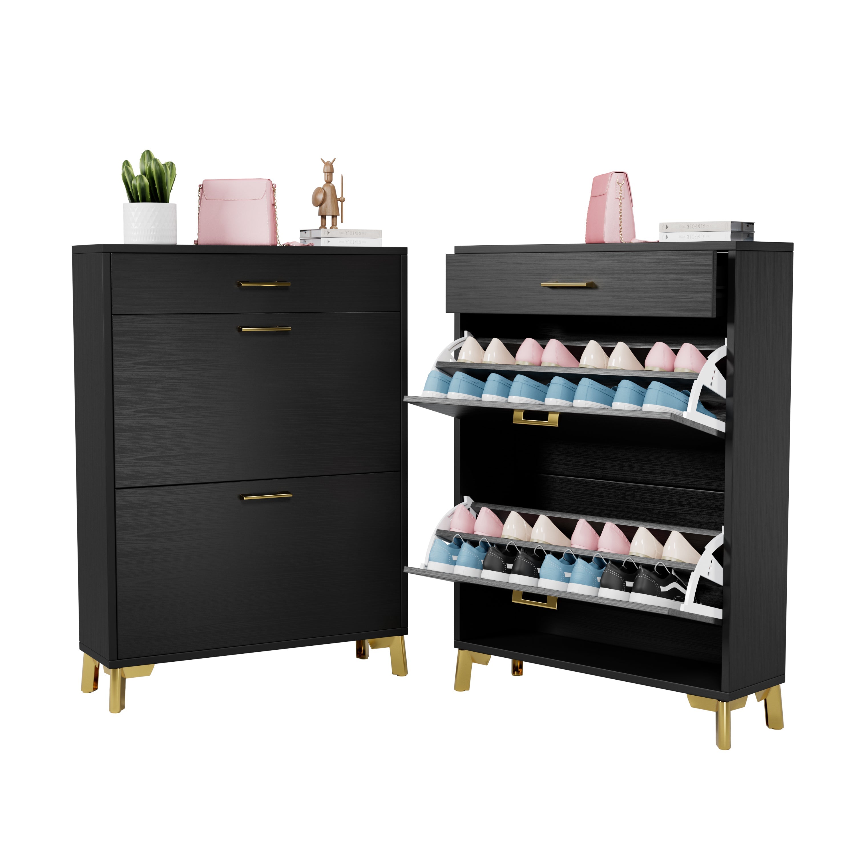 Shoe Storage Cabinet for Entryway, Free Standing Shoe Organizer with 2 Flip Drawers, Hidden Shoe Rack Storage Organizer for Doorway Hallway Closet, Black