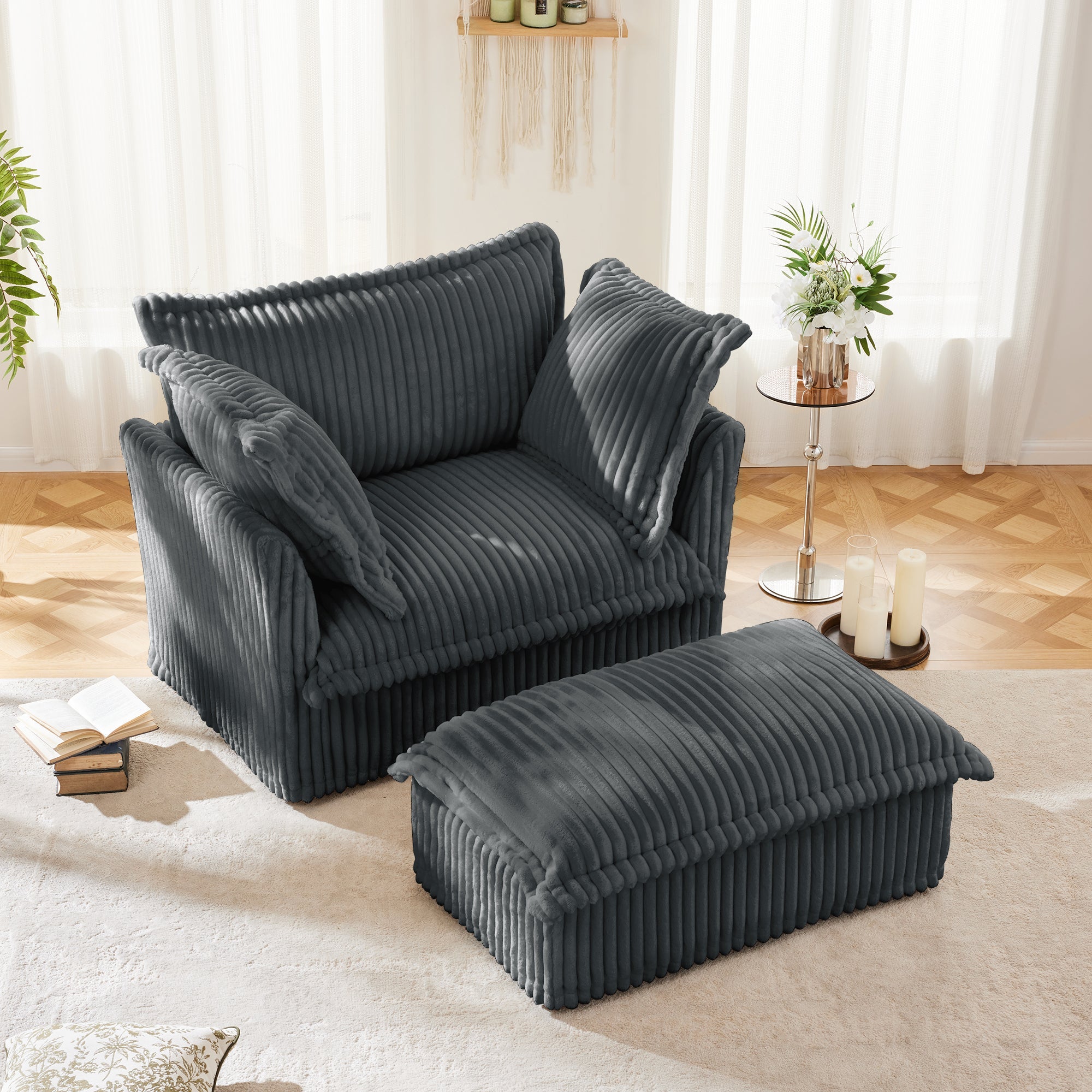 Upholstered Slipcovered Armchair with Ottoman,  Deep Seat Armchair W/ Wide Ottoman for Living Room, Armchair Sets with Large Soft Pillows(Set of 2),Gray Corduroy Fabric