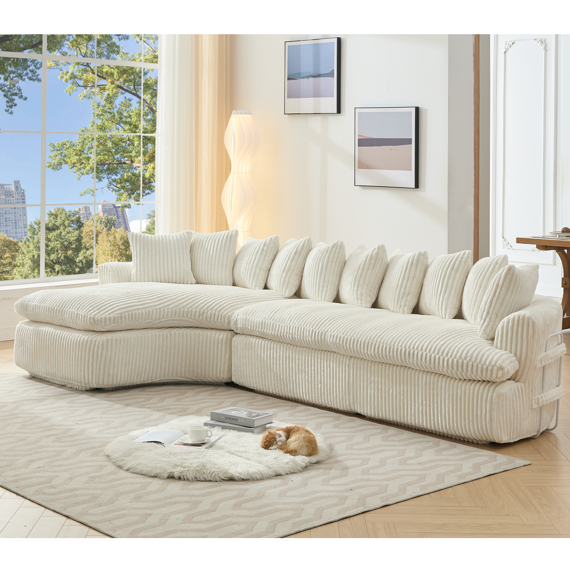 127''  Large Sectional Sofa ,Elegant Curved Design ,High-Resilience Foam ,Ten Back Cushions,L-Shape Left Sofa,No Assembly  Required , (Beige-Soft Corduroy Fabric)