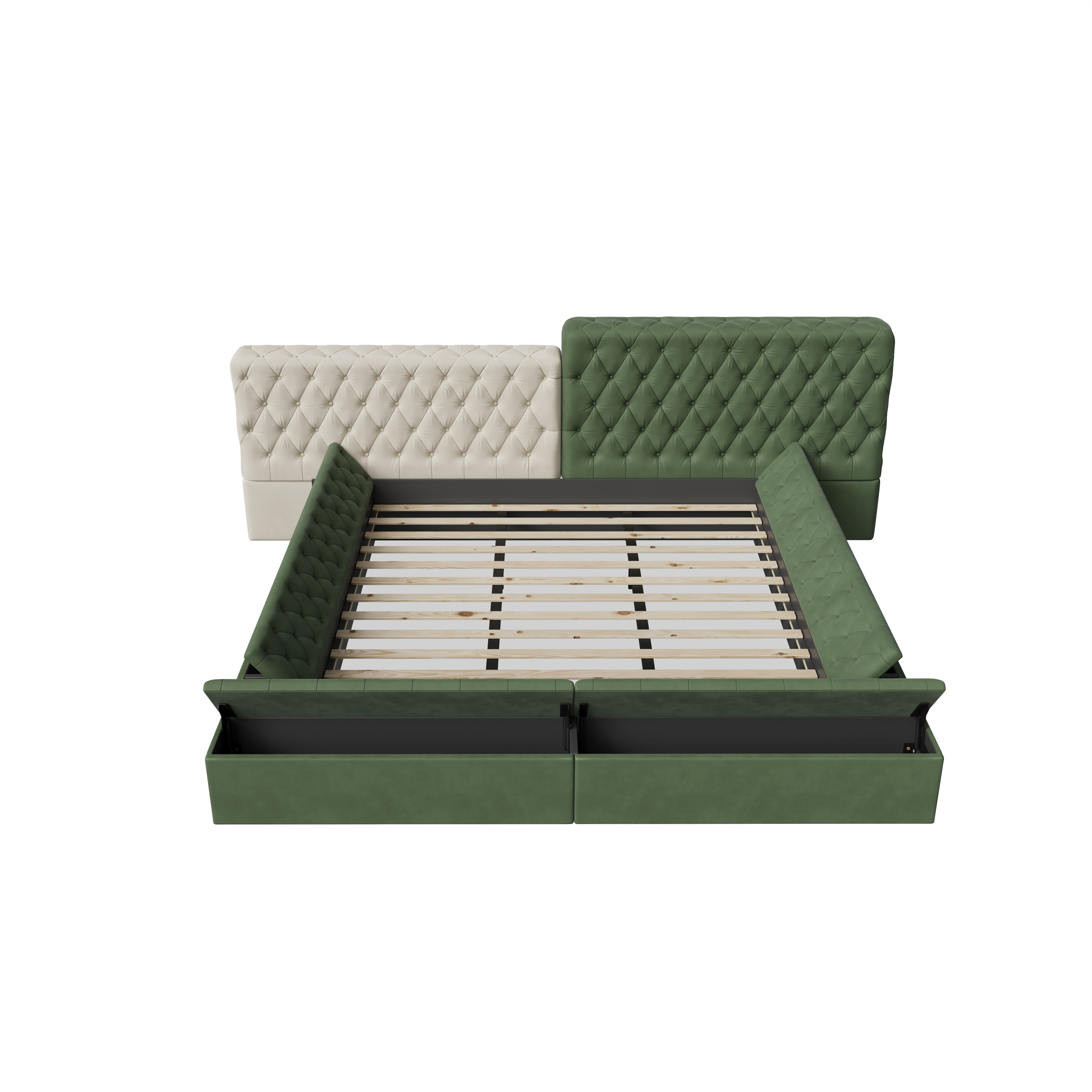 Contemporary Special-shaped Fully Upholstered Bed with Deep Button Tufting and Storage Compartments in Rails and Footboard,No Box Spring Needed,King,Green