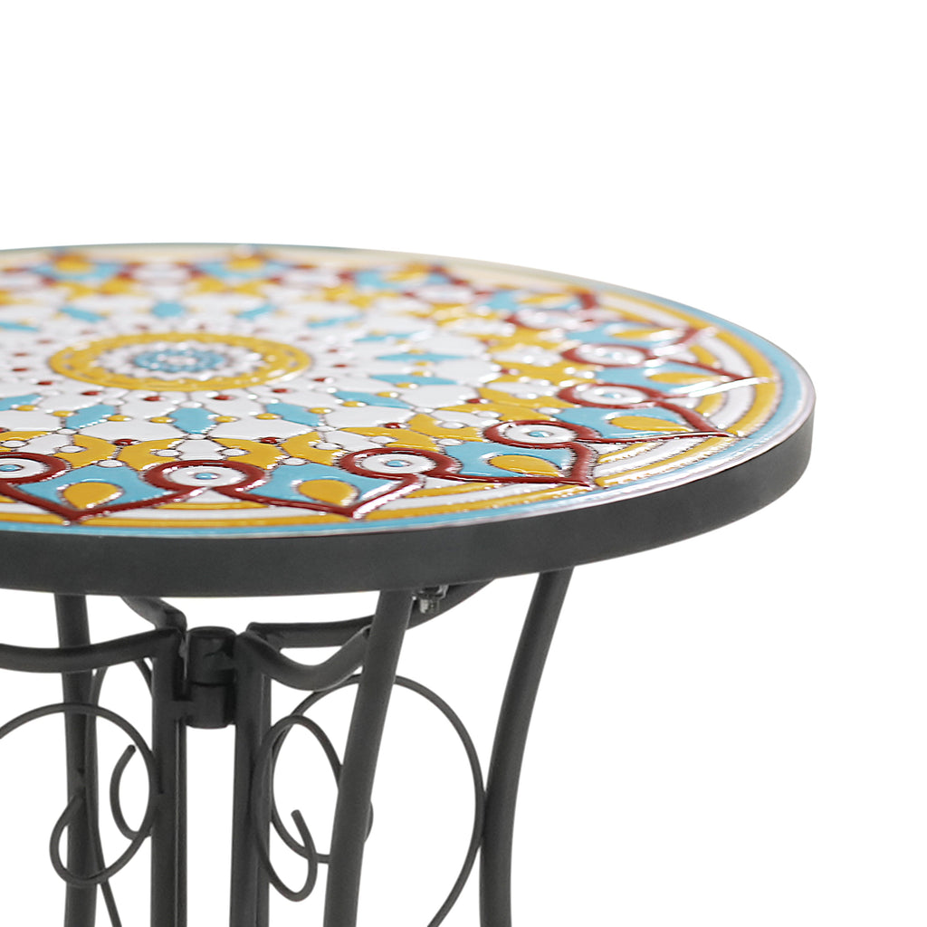 Vibrant French Country Round Ceramic Outdoor Side Table Black Ceramic Tile 14x14x22.44 inches