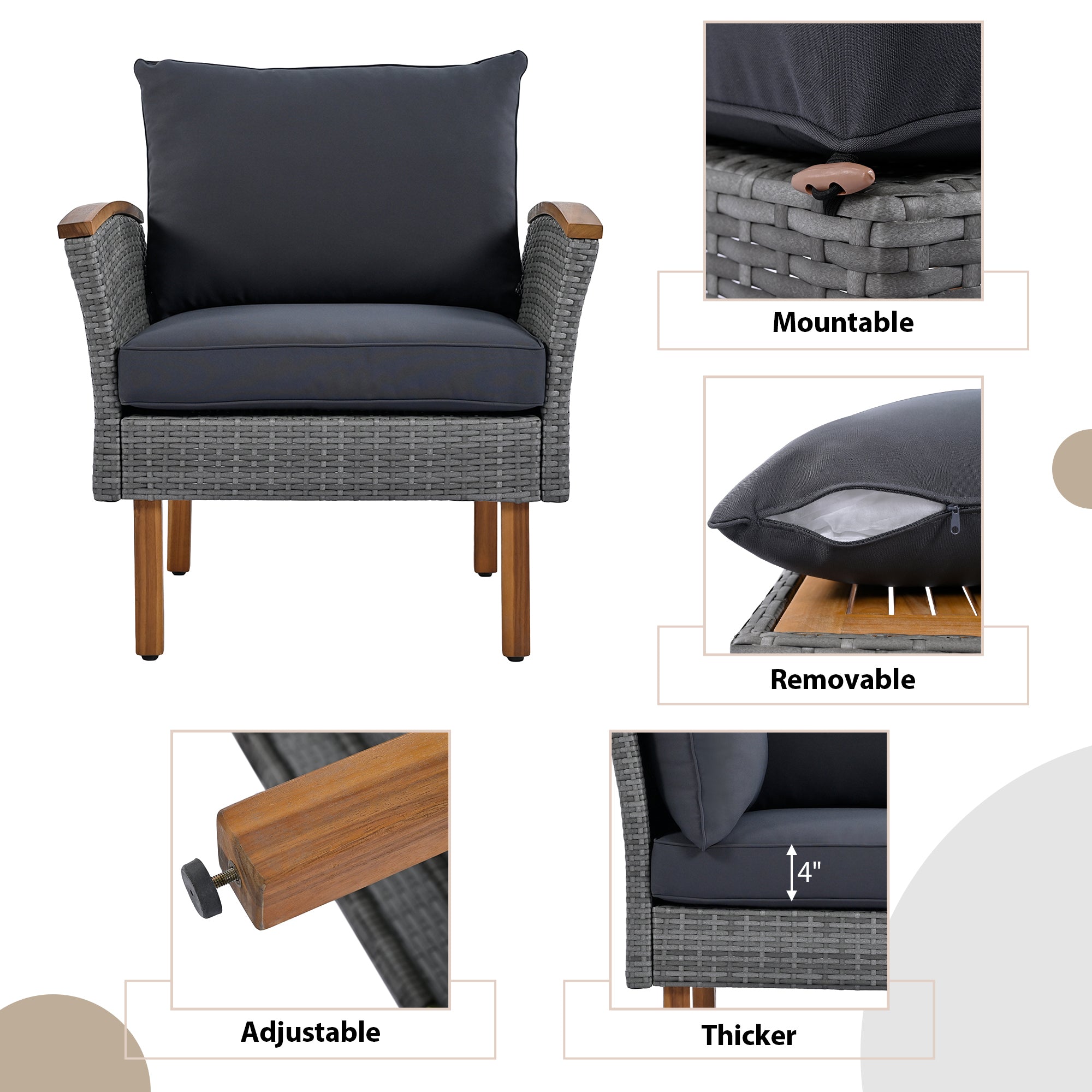 GO 9-Piece Patio Rattan Furniture Set, Outdoor Conversation Set With Acacia Wood Legs and Tabletop, PE Rattan Sectional Sofa Set with Coffee Table, Washable Cushion, Gray