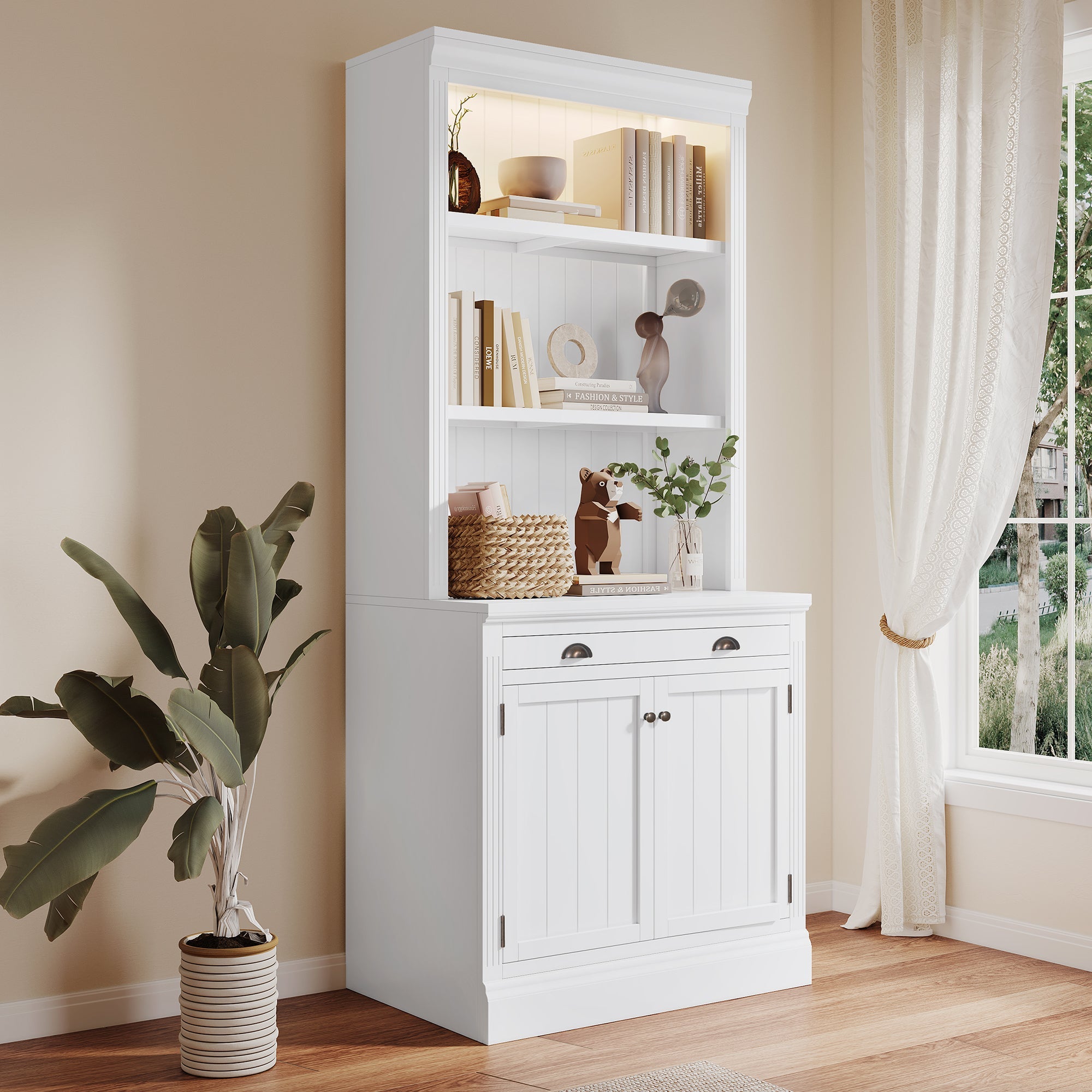 83.4"Tall Bookshelf Suite, Modern Bookcase Suite with LED Lighting,Doors and Drawers,2-Piece Set Storage Bookcase with Open Shelves for Living Room,Home Office,White