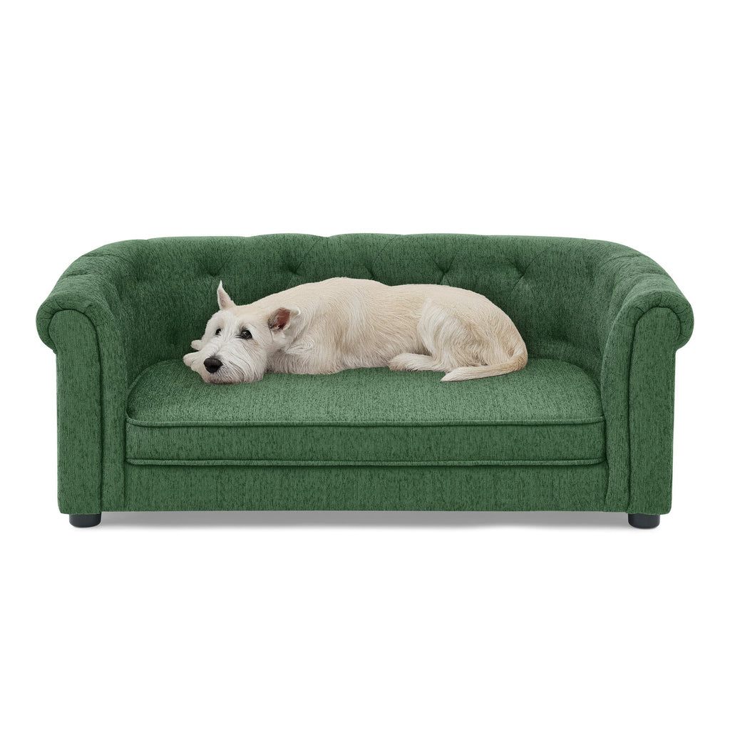 Pet sofa with arc-shaped backrest and armrests, contemporary rectangular pet sofa crafted from breathable linen  cozy soft cushion dog sofa --GREEN