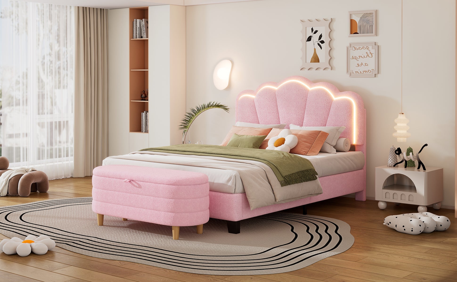 2-Pieces Bedroom Sets Full Size Flower-Shaped Upholstered LED Platform Bed with Storage Ottoman-Sherpa Fabric, Pink
