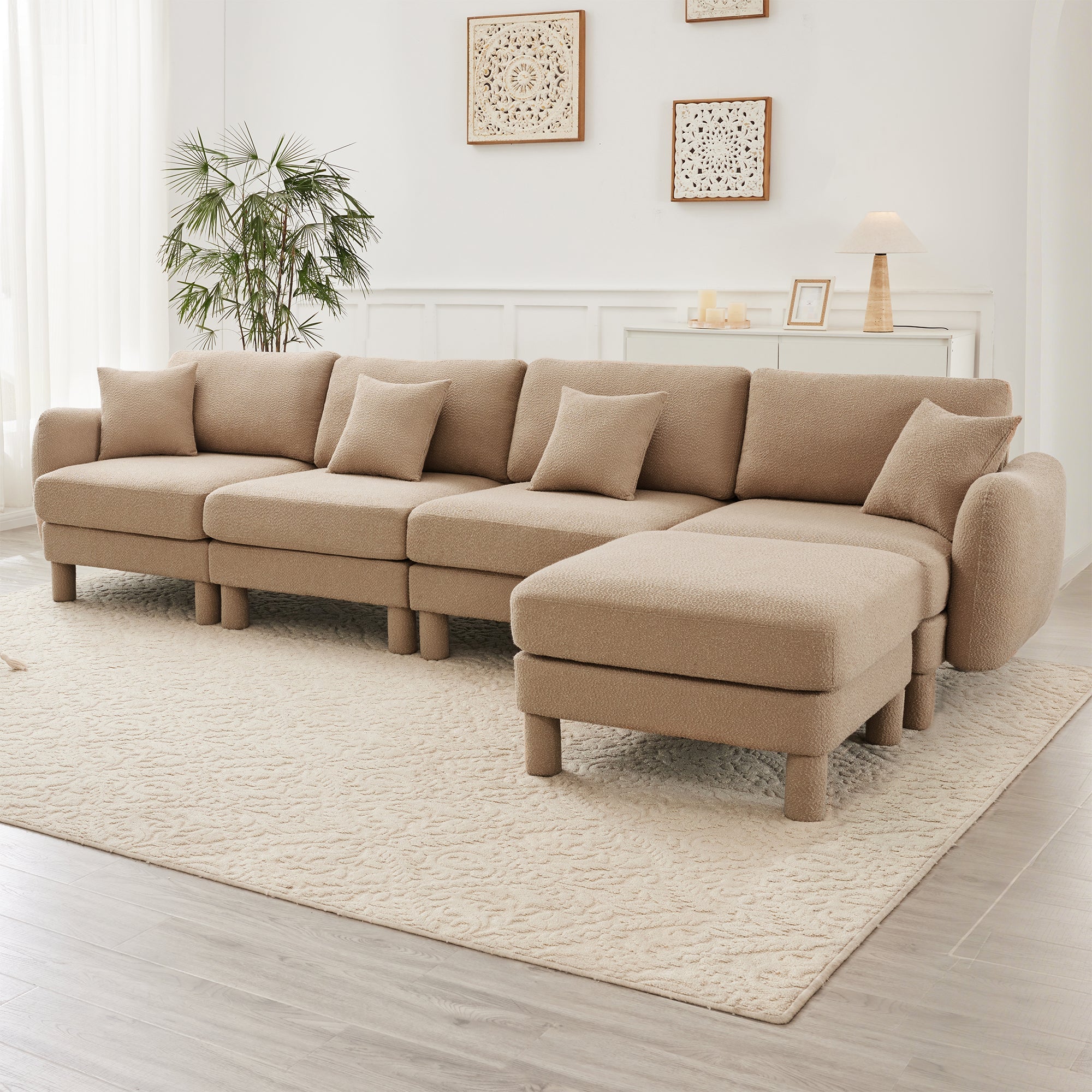 Boucle Fabric U Shape Sectional 4-seater Sofa Couch With Distinctive Shell-shaped Armrests And 2 Movable Ottomans,Cylindrical Legs Wrapped with Self-fabric,Coffee Color