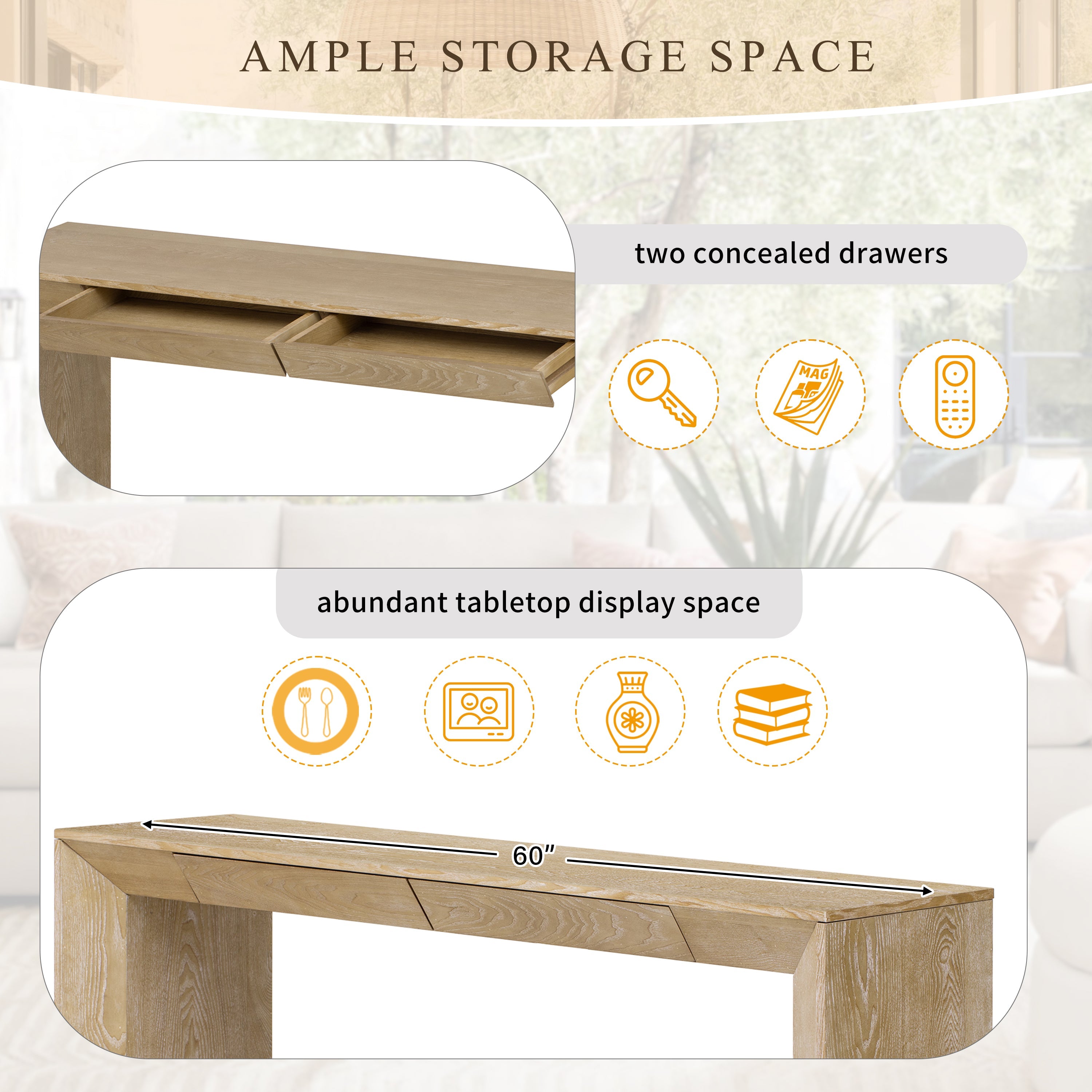 TREXM 60' Modern Farmhouse Console Table with 2 Concealed Drawers, Waterfall Design Entryway Table with Thickened Legs & Rustic Wood Grain for Living Room, Entryway & Hallway (Natural)