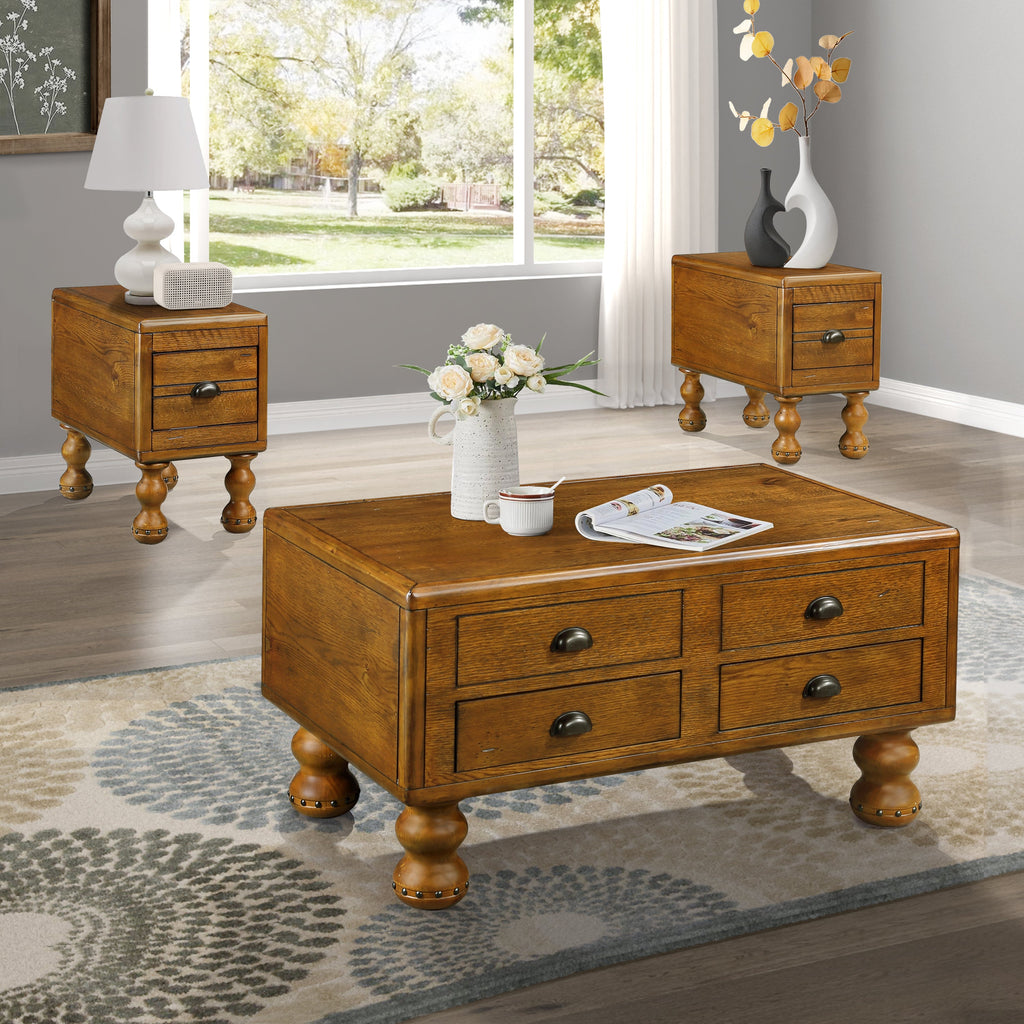 Solid Wood Rectangle Coffee Table for Living Room, 40-Inch Antique Coffee Table with 4 Drawers, Wood Center Table Tea Table with Rivet Decoration Legs.Easy Assembly,  Antique Brown
