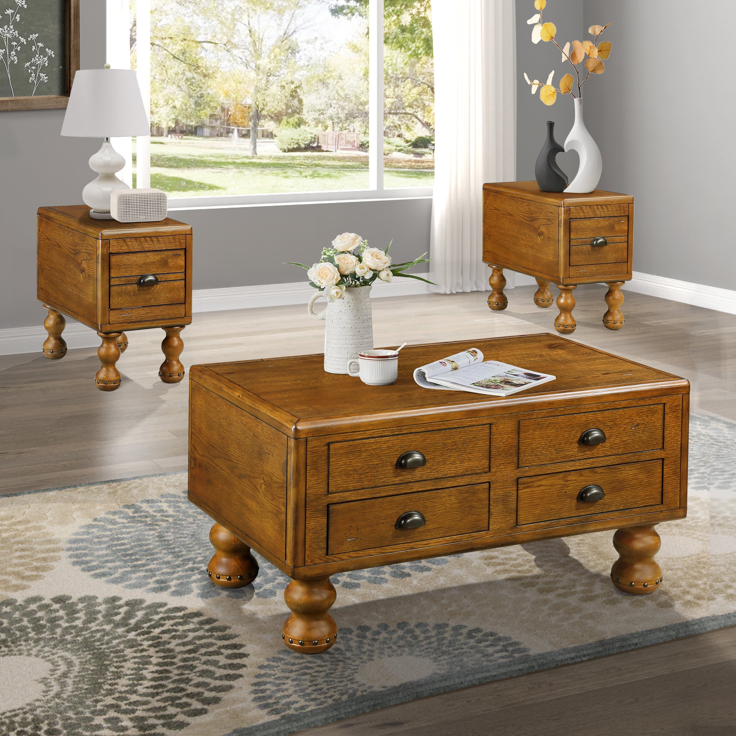 Solid Wood Rectangle Coffee Table for Living Room, 40-Inch Antique Coffee Table with 4 Drawers, Wood Center Table Tea Table with Rivet Decoration Legs.Easy Assembly,  Antique Brown