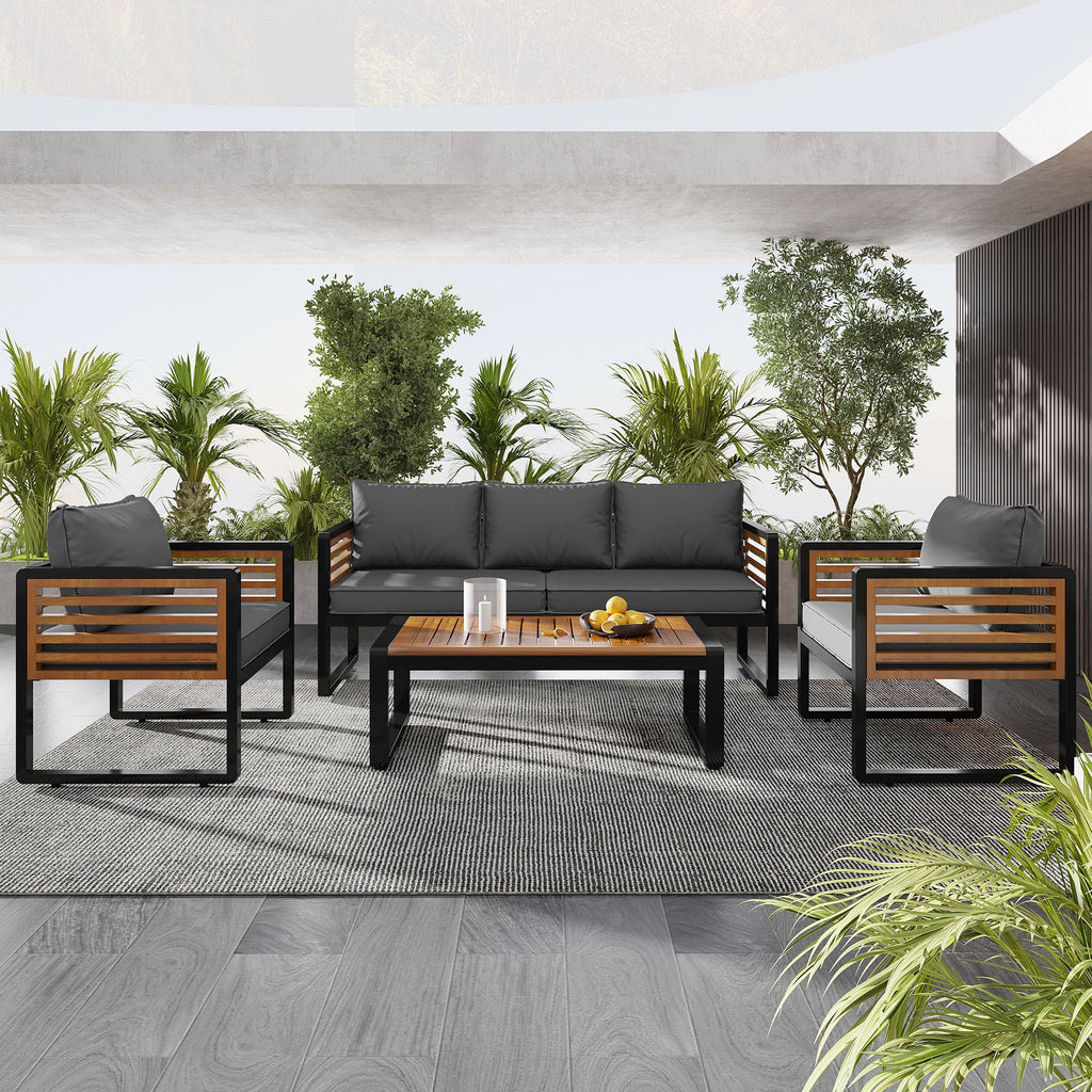 GO Large Size 4-pieces Outdoor Furniture sofa for 5 Person Conversation Set, Garden Sofa Set With Removable Cushion, Metal And Wood Frame Sofa set, Thick Cushions, Acacia Wood Tabletop, Gray