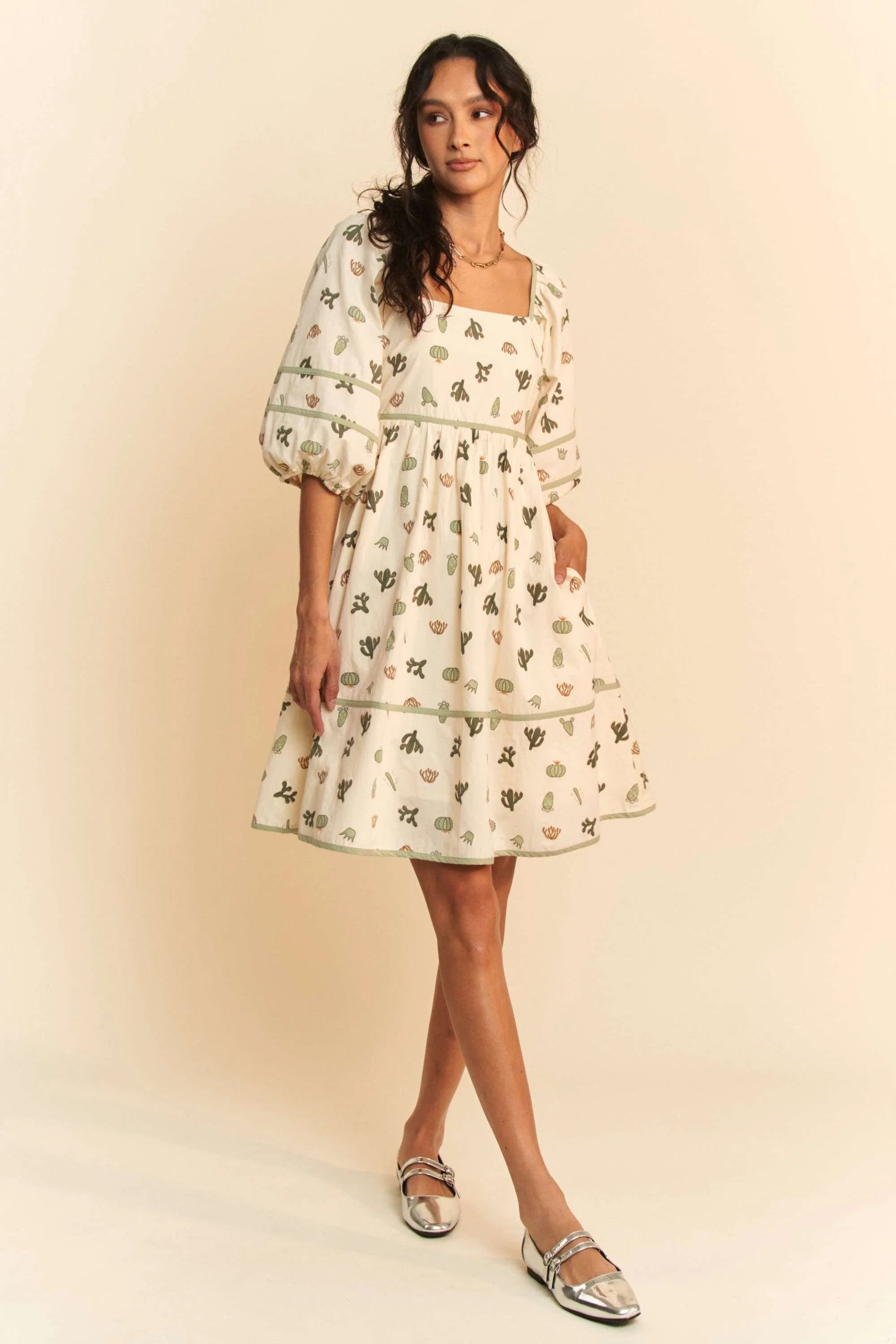 Davi & Dani Cactus Printed Poplin Contrast Piping Mini Dress