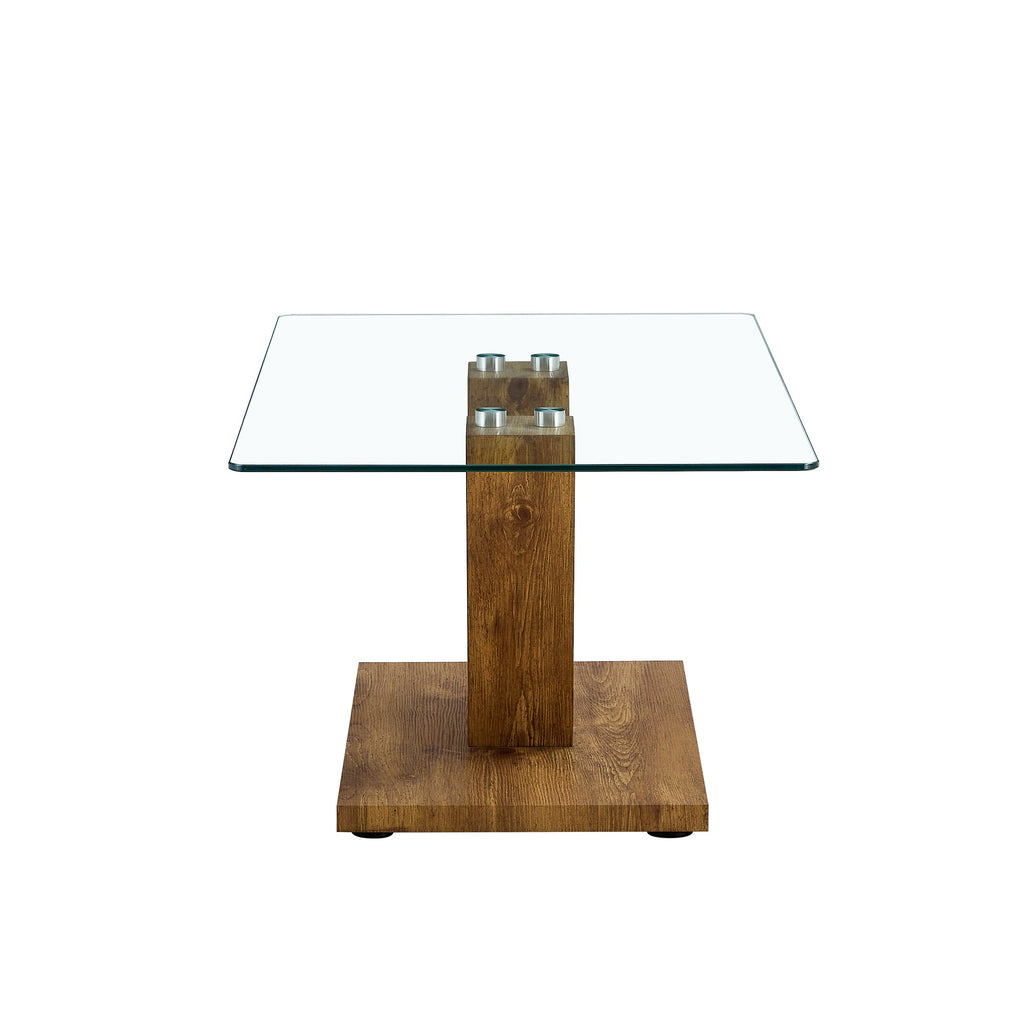 A modern minimalist style coffee table. Transparent tempered glass tabletop with wooden MDF columns. Suitable for living room and dining room.  CT-V