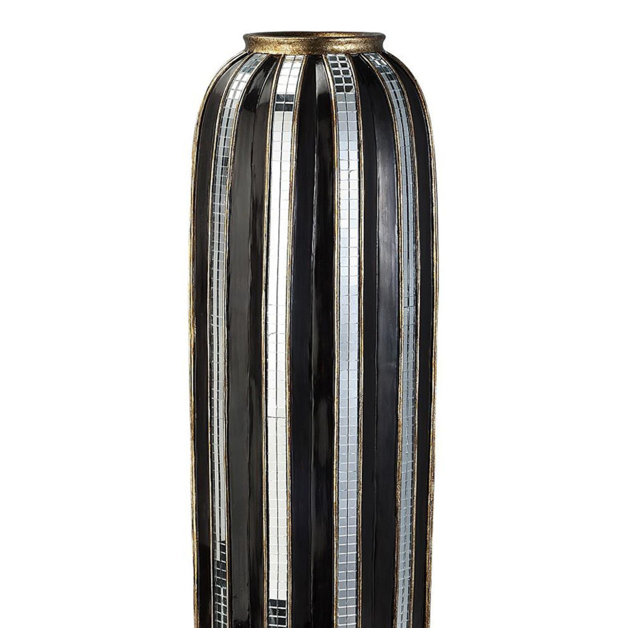 21" Tall Polyresin Decorative Vase, Gold finish with Mosaic Glass Stripes
