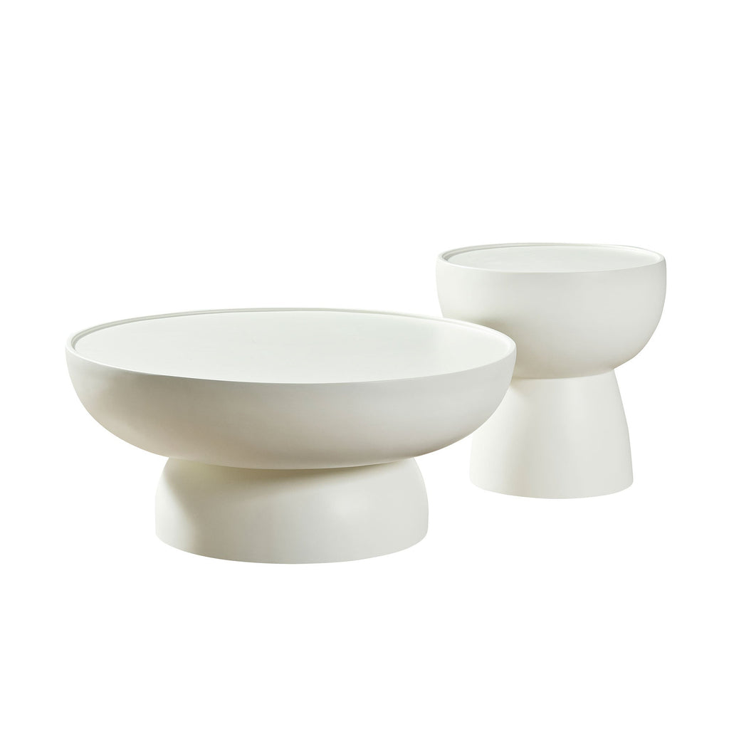 Fiberglass Cream Style Coffee Table Set of 2 for Living Room,Matte White Round Table front of the Sofa, Irregular Center Table for Apartment,No Need Assembly