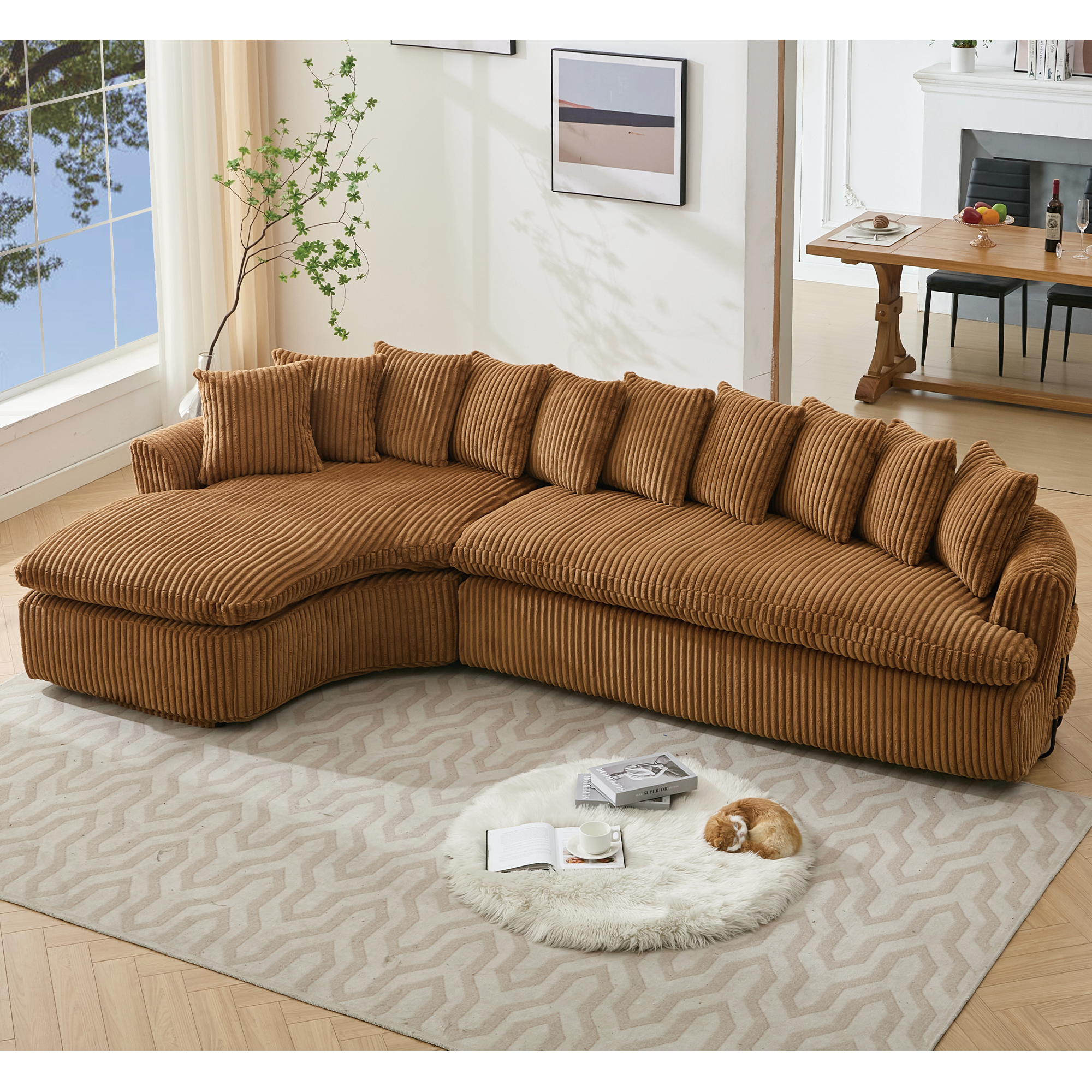 127''  Large Sectional Sofa ,Elegant Curved Design ,High-Resilience Foam ,Ten Back Cushions,L-Shape Left Sofa,No Assembly  Required , (Brown-Soft Corduroy Fabric)