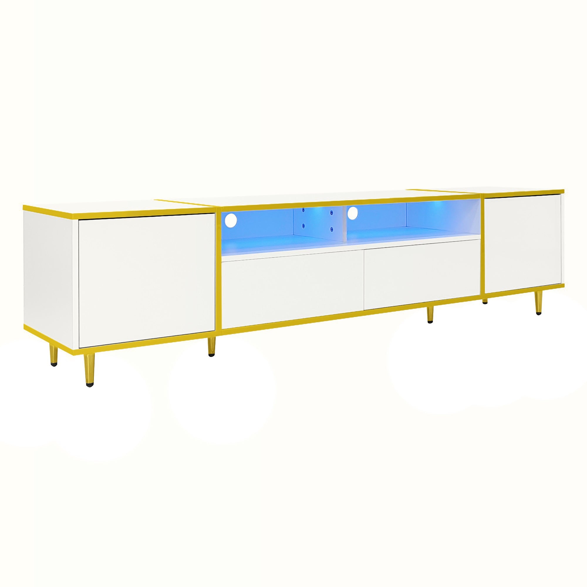 U-Can 70.9'' Modern TV Stand for TVs up to 80 Inches, Entertainment Center with 2 Shelves and  LED Lights, TV Storage Cabinet with 2 Drawers, 2 Cabinets and Metal Legs for Living room
