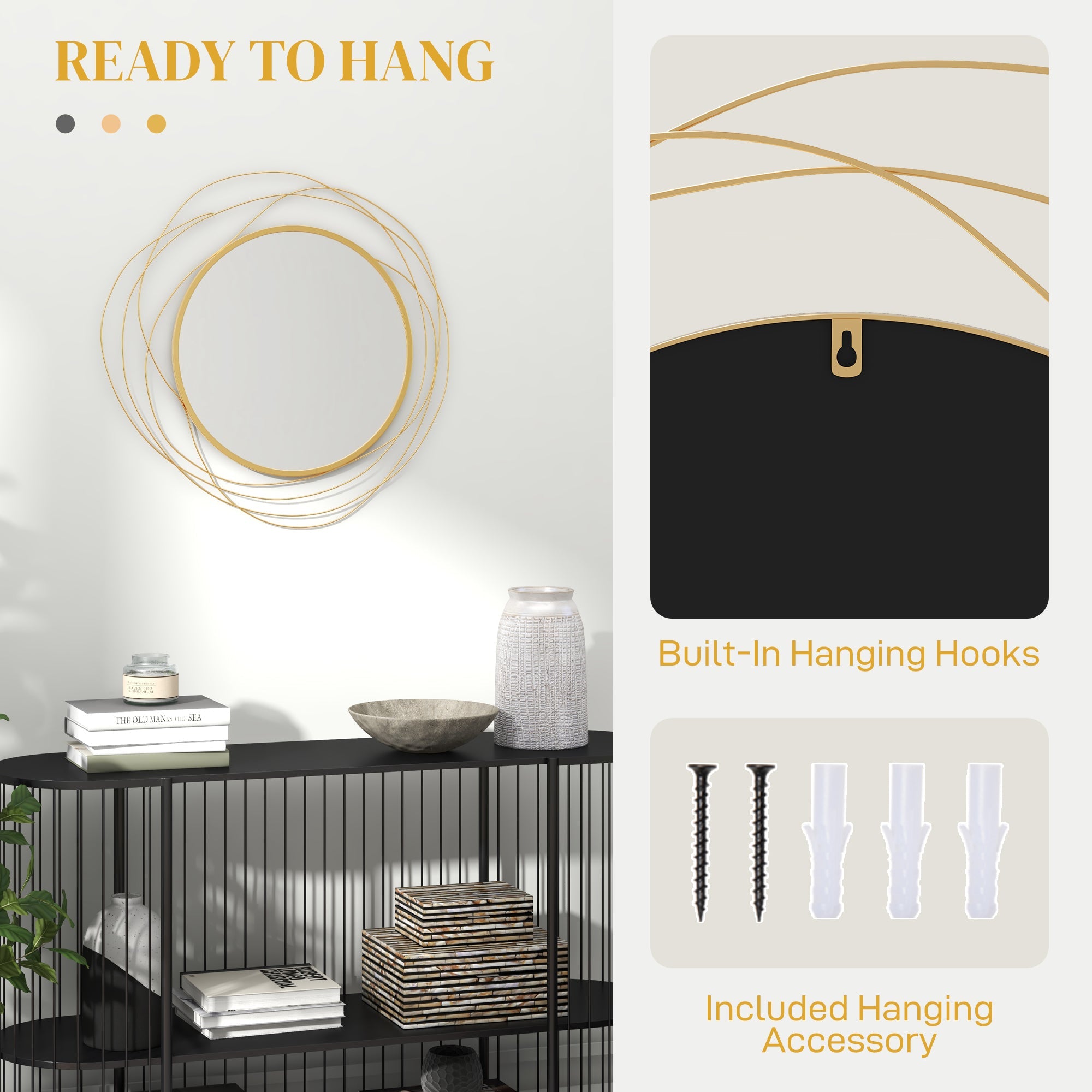 HOMCOM Metal Wall Art Modern Mirror Decor Home Hanging Wall Sculptures for Living Room Bedroom Dining Room, Gold