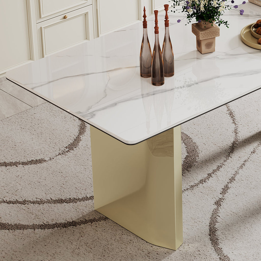 0.47' Thick Sintered Stone Composite Tempered Glass Top Rectangular Dining Table with Stainless Steel Base