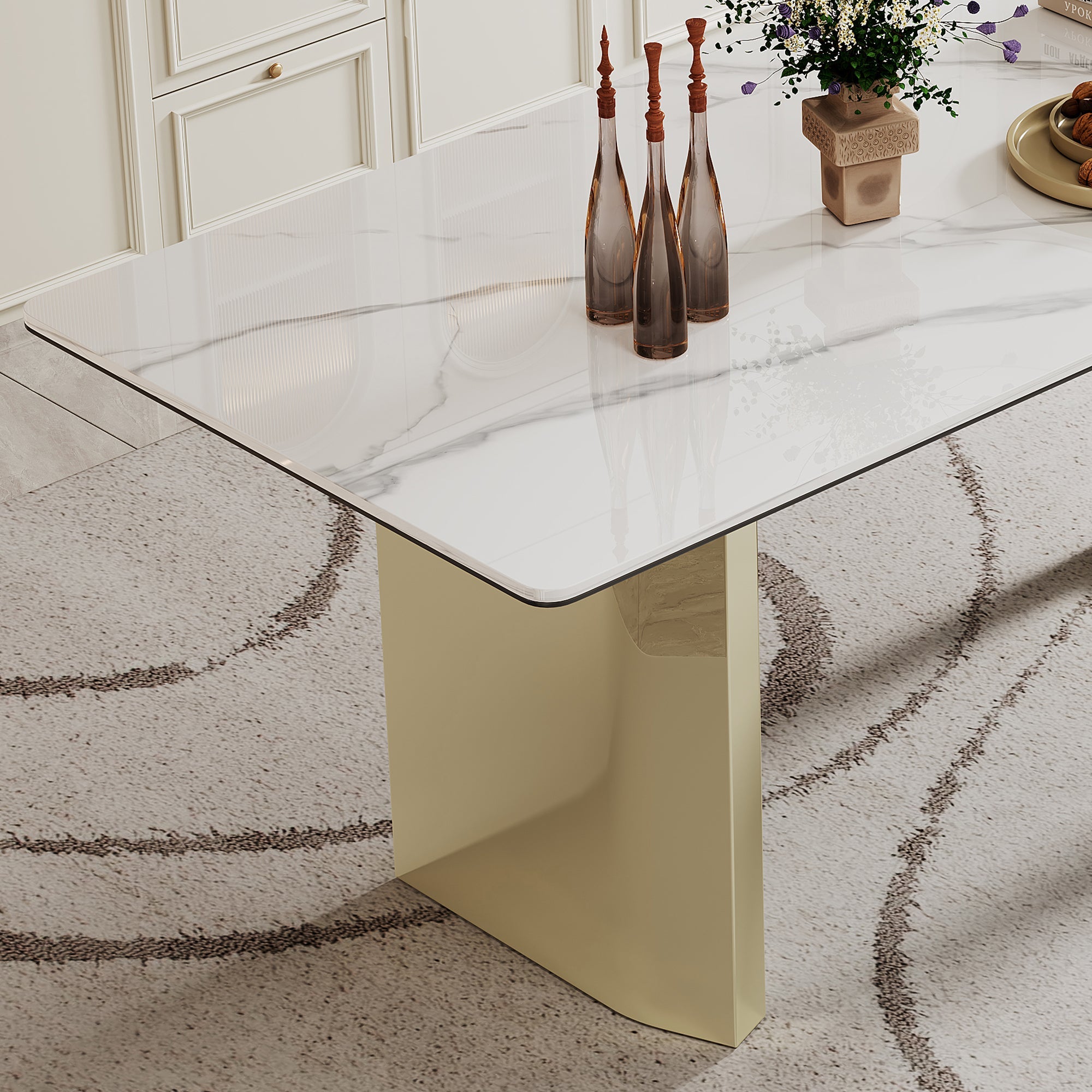 0.47' Thick Sintered Stone Composite Tempered Glass Top Rectangular Dining Table with Stainless Steel Base