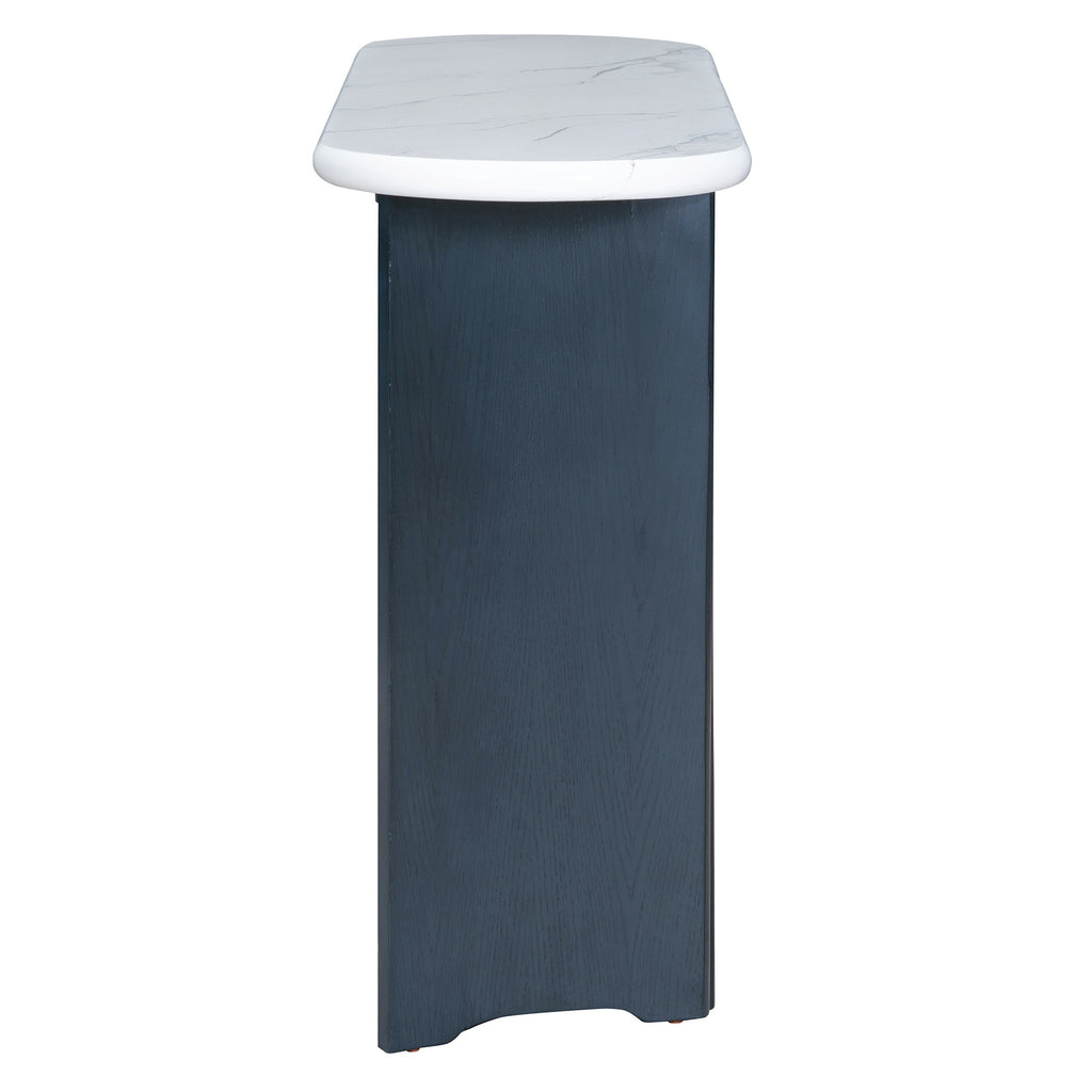 TREXM Narrow Console Table, Entryway Table with Oval Faux Marble Top, Rustic Sofa Table with Curved Legs, Hallway Accent Table for Entrance and Living Room (Navy+White)