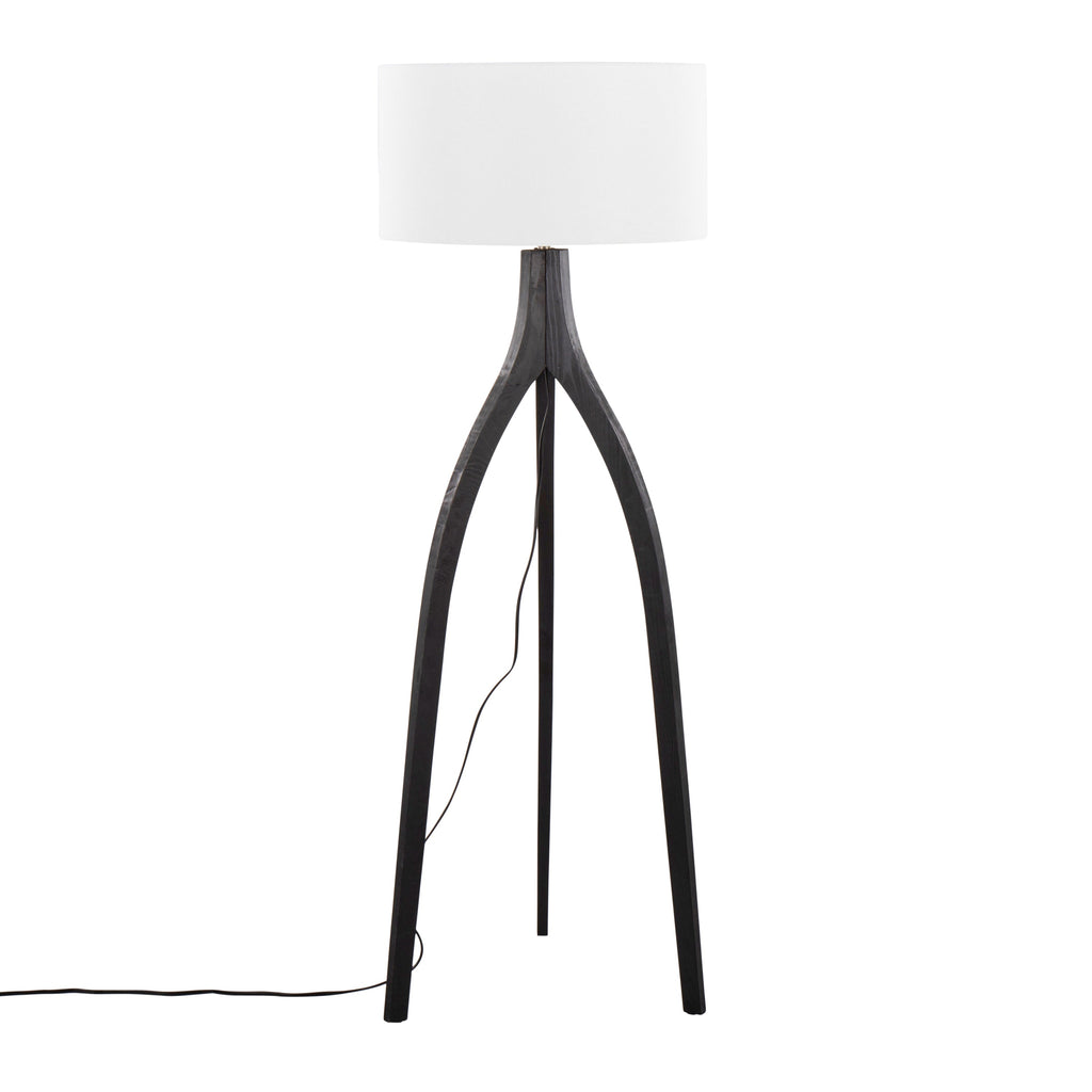 Wishbone Contemporary Floor Lamp in Black Wood with White Linen Shade by LumiSource