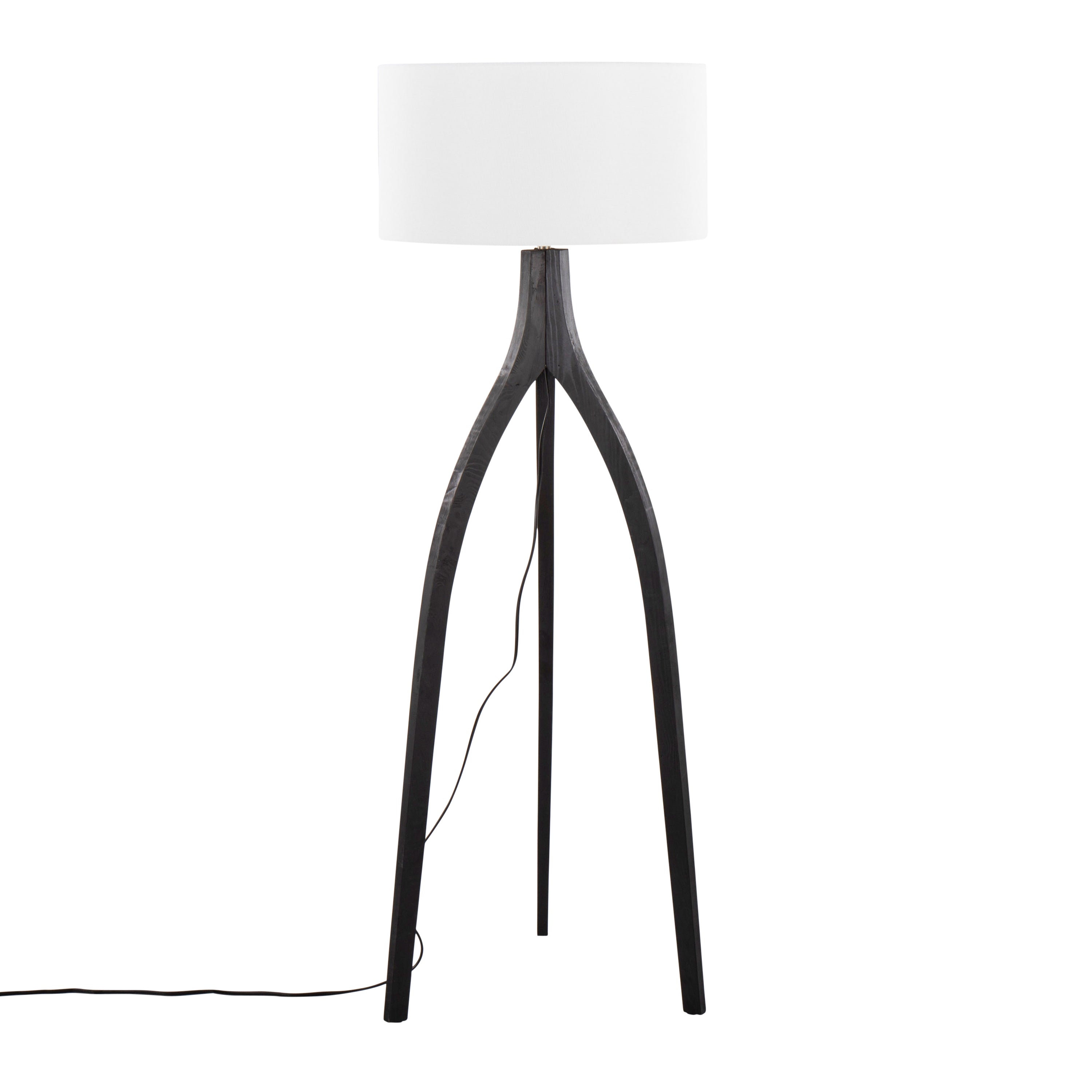 Wishbone Contemporary Floor Lamp in Black Wood with White Linen Shade by LumiSource