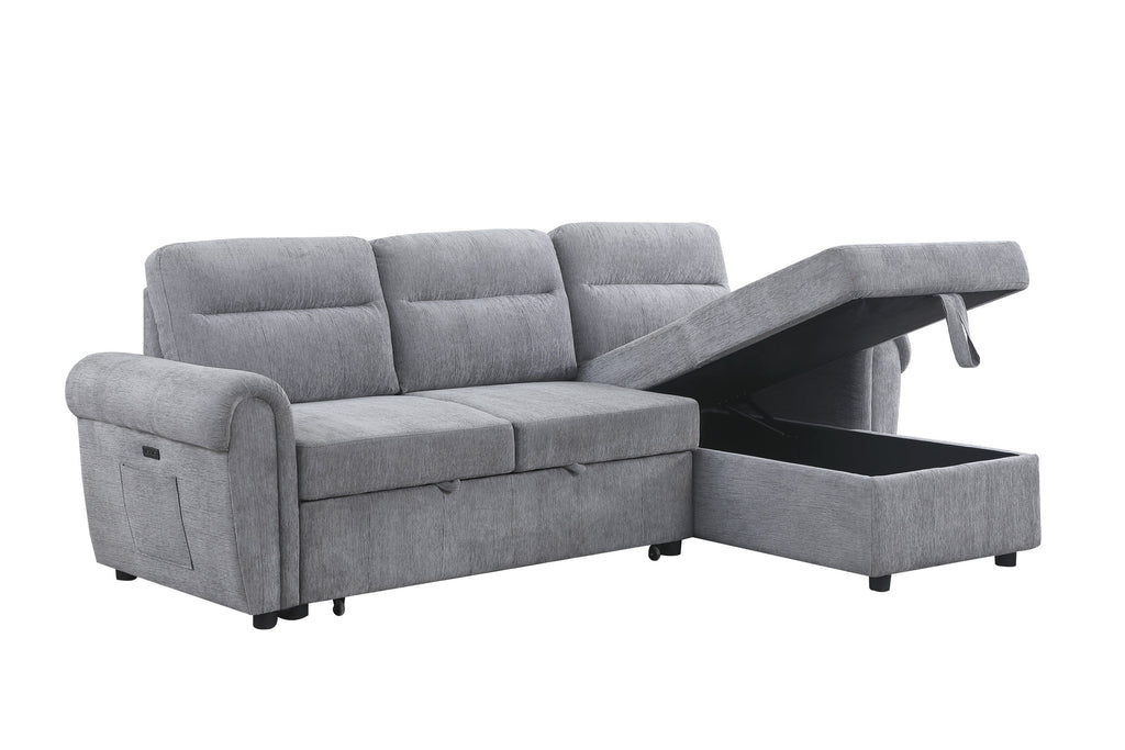 Hugo 97'W Light Gray Chenille Reversible Sleeper Sectional Sofa Chaise with USB Chargers, Phone/Magazine Pockets
