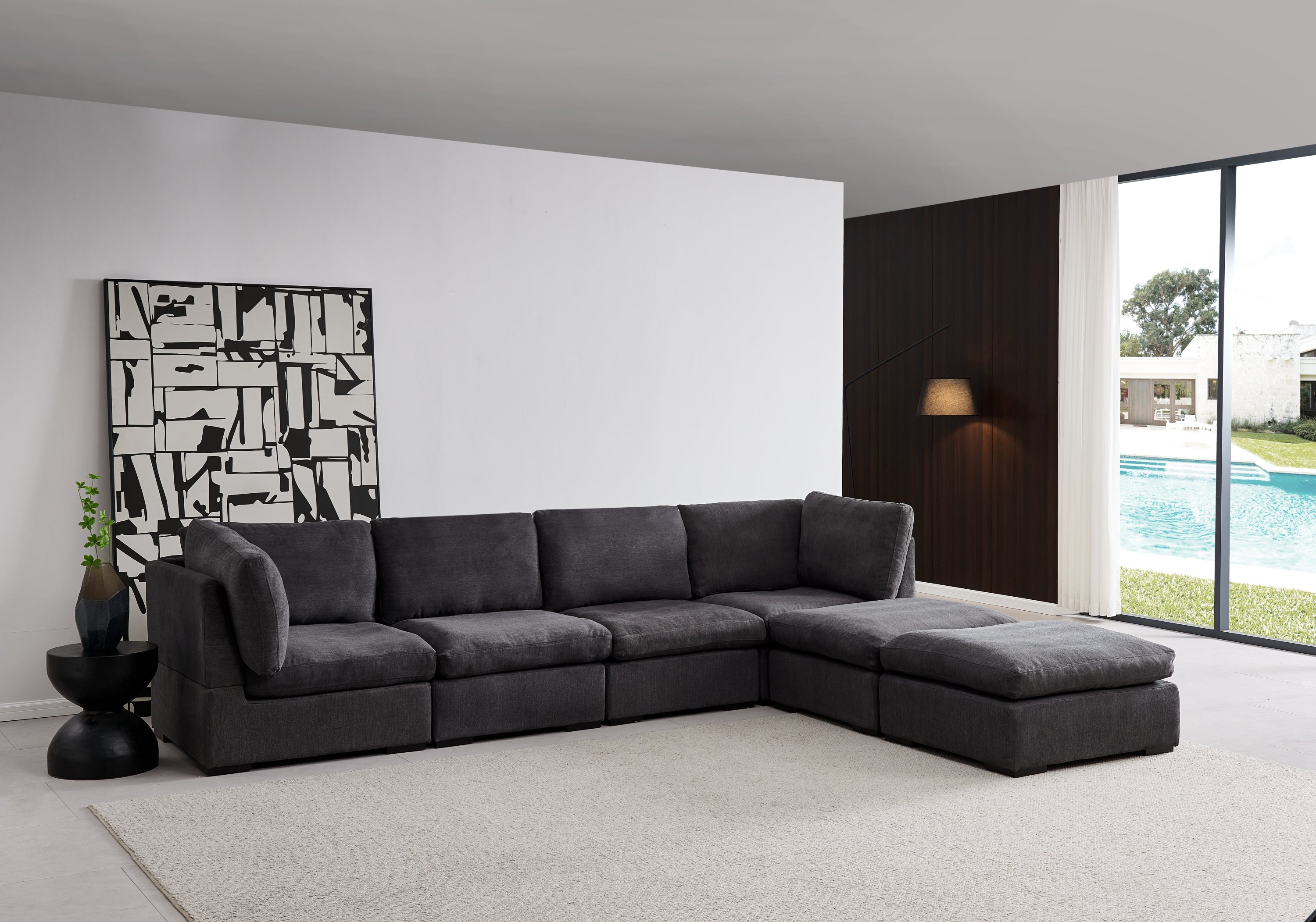 Modular Sofa with Ottoman,Filled with Down ,Soft Linen Fabric,Dark Grey