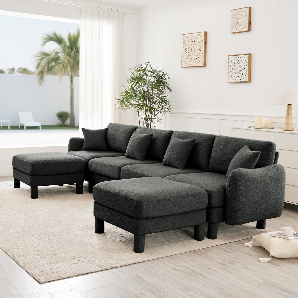 Boucle Fabric U Shape Sectional 4-seater Sofa Couch With Distinctive Shell-shaped Armrests And 2 Movable Ottomans,Cylindrical Legs Wrapped with Self-fabric,Dark Grey  Color