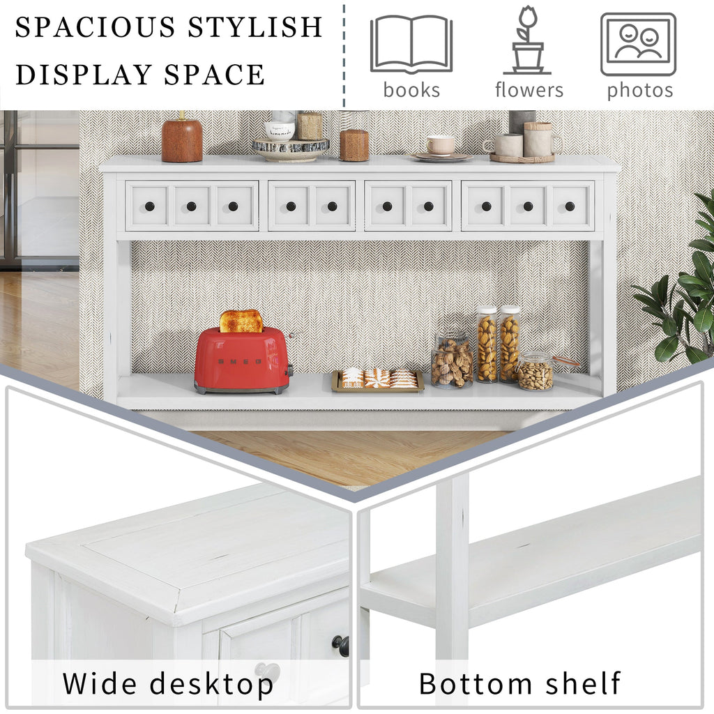 TREXM Rustic Entryway Console Table, 60" Long Sofa Table with two Different Size Drawers and Bottom Shelf for Storage (Antique White)