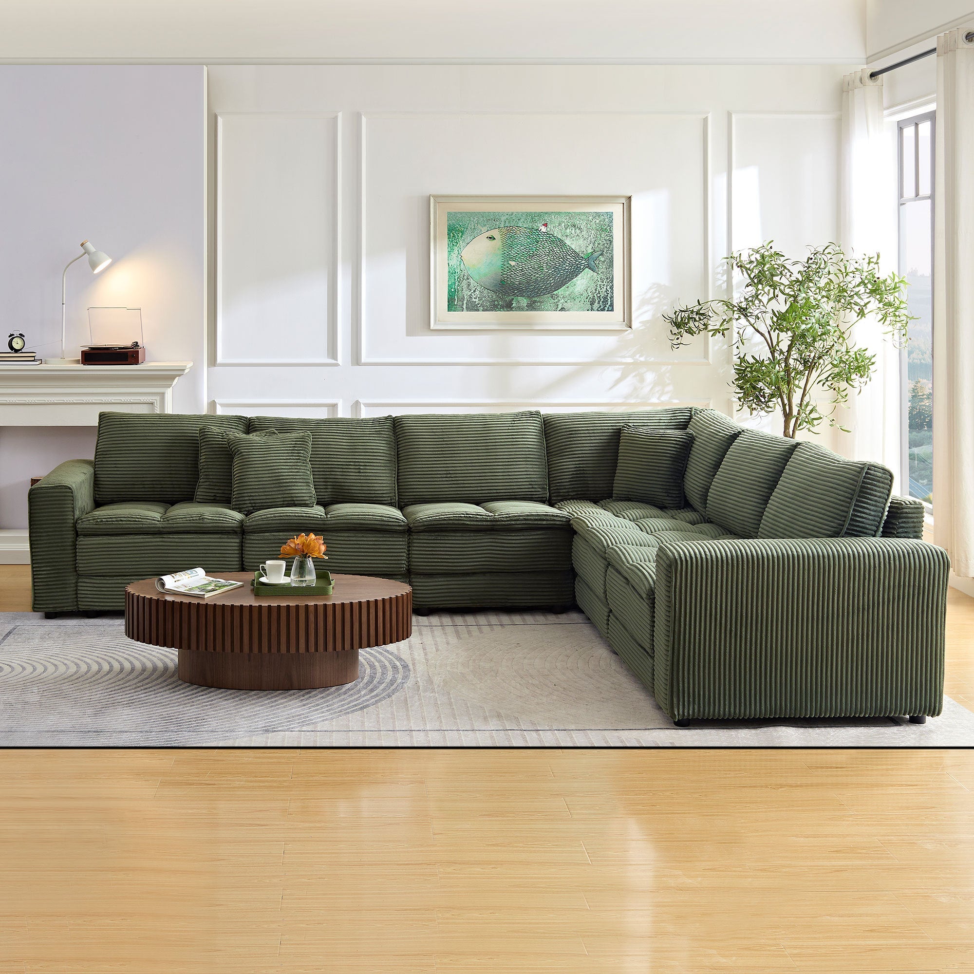 6 Seats,Oversized Sectional Sofa,L Shaped Corner Couch with Detachable Seat & Back Cushion, Corduroy Upholstery Convertible Sleeper Sofa&Couch for Living Room