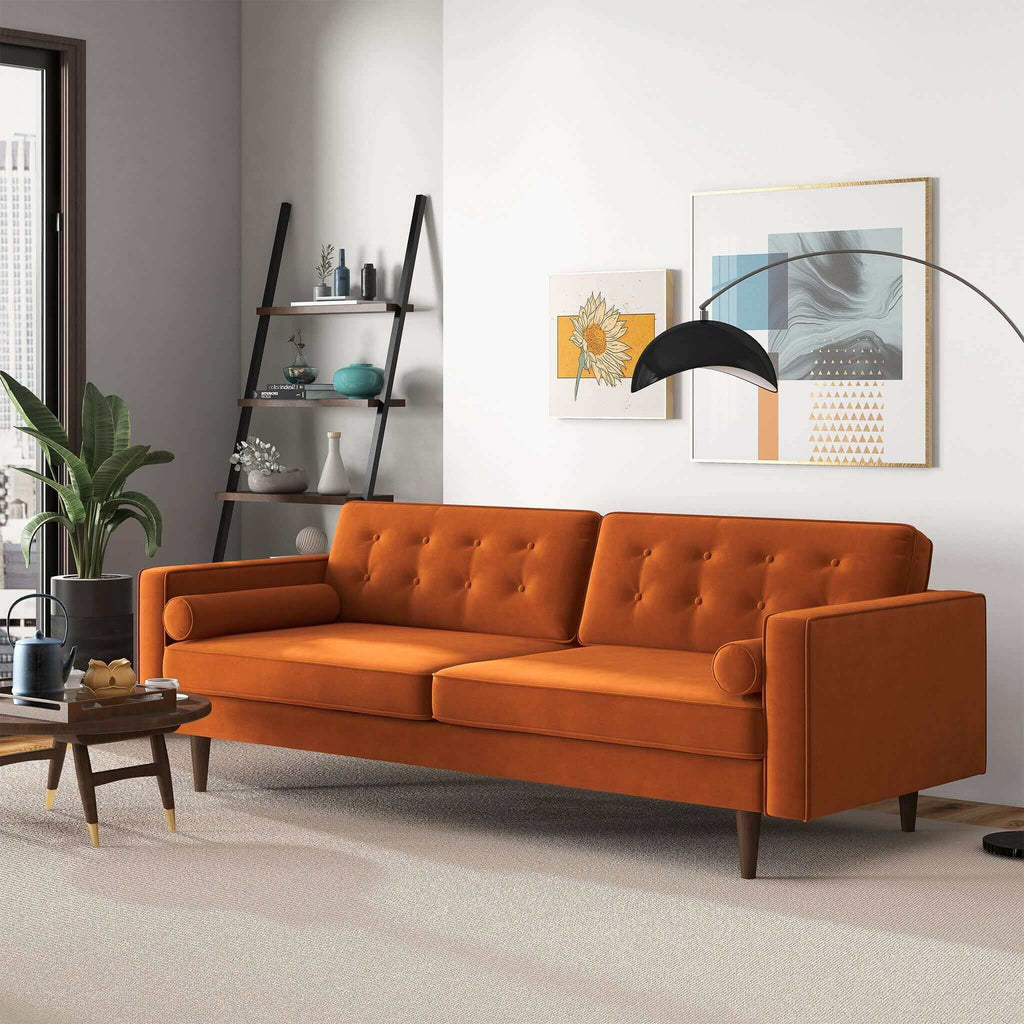 Mid Century Modern Design Burnt Orange Velvet Sofa