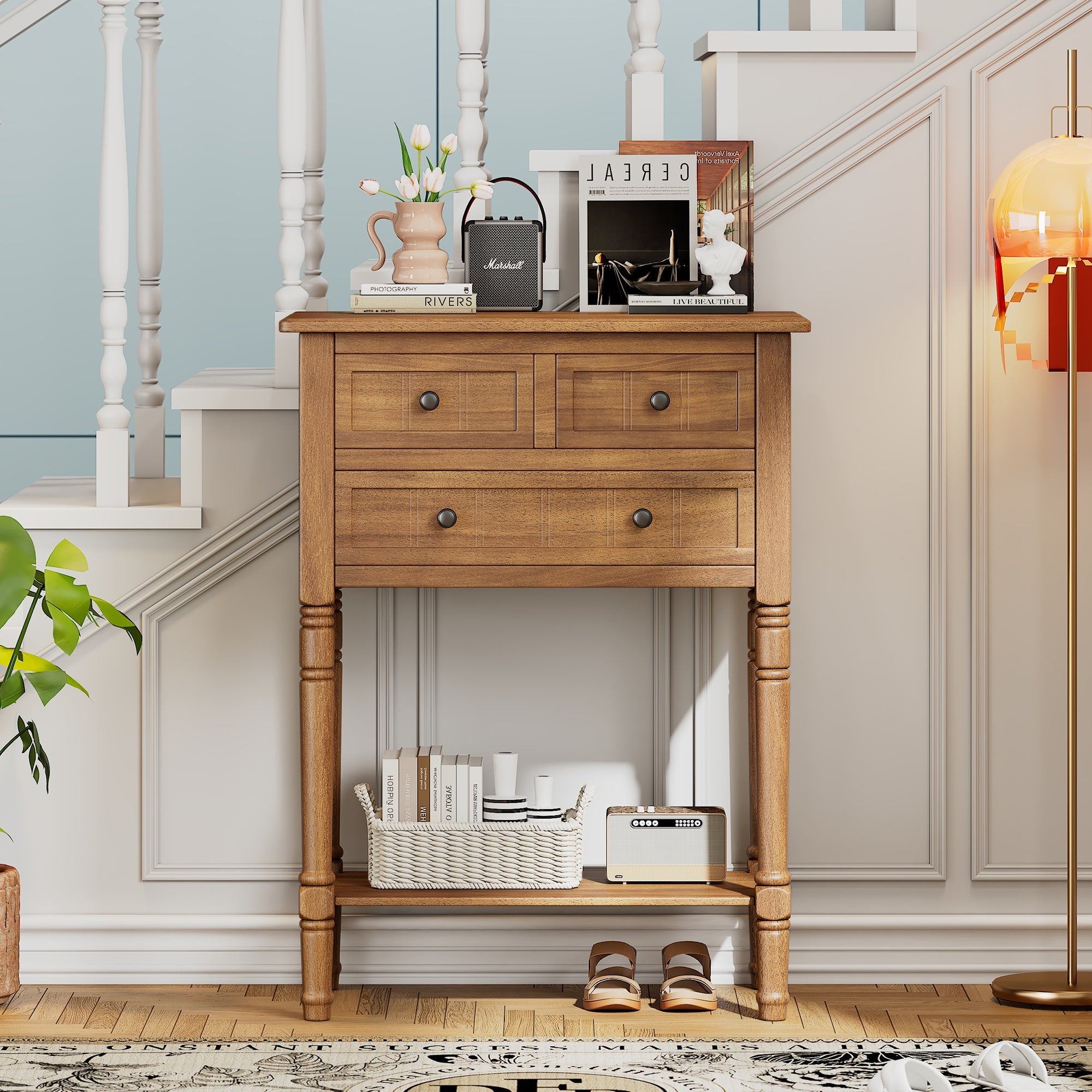 TREXM Narrow Console Table, Slim Sofa Table with Three Storage Drawers and Bottom Shelf (Natural)